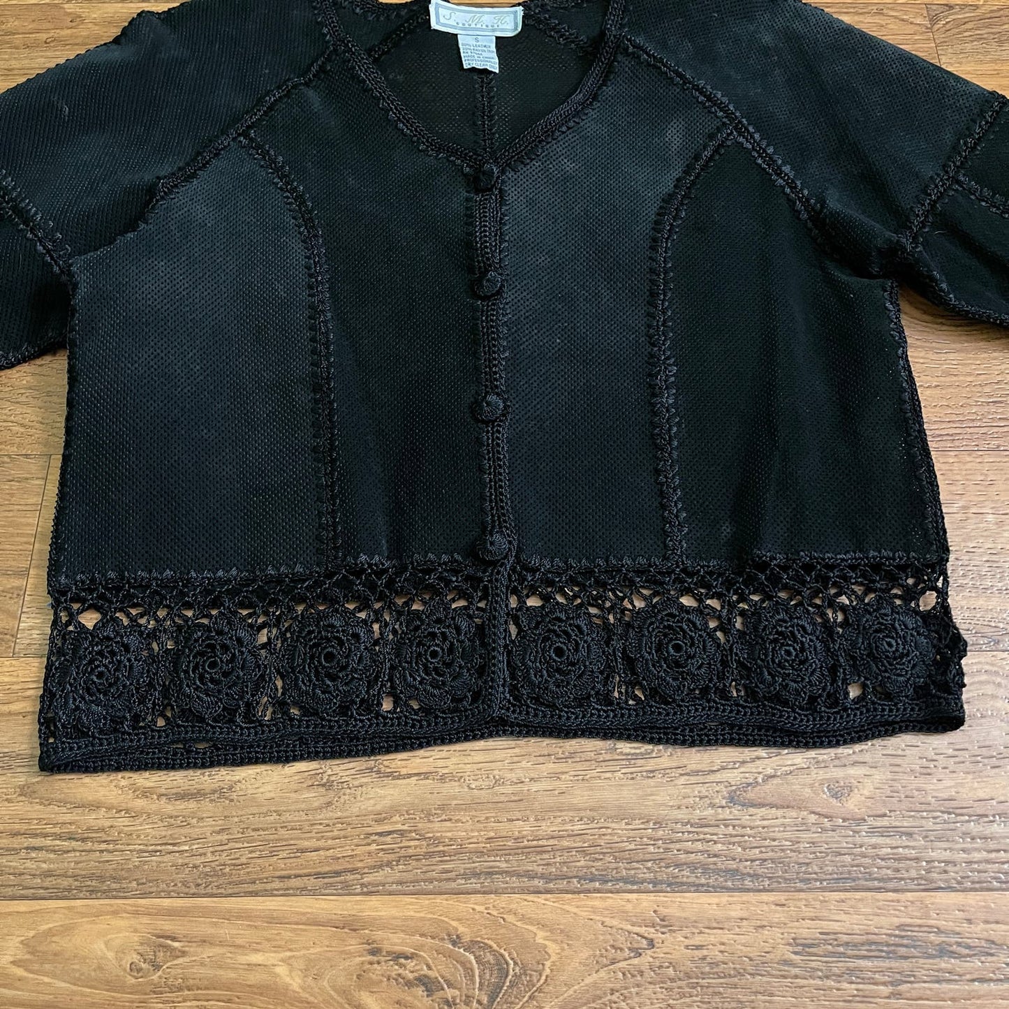 Vintage 90s Black Suede Leather Jacket or Shirt with Floral Crochet Details S