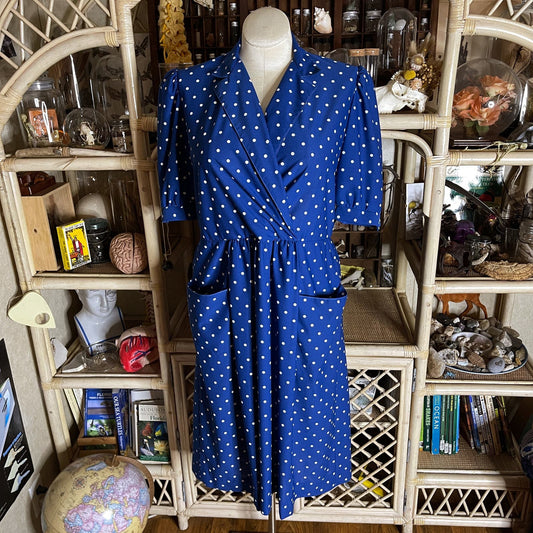 Vintage 80s Blue Midi Dress with White Polka Dots by Lady Carol Volup Size 14