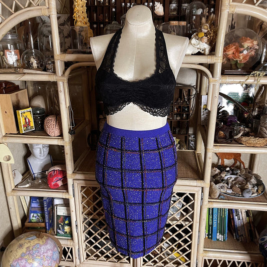 Vintage 80s Purple Knit Plaid Pencil Skirt Pull On High Quality Steve Fabrikant