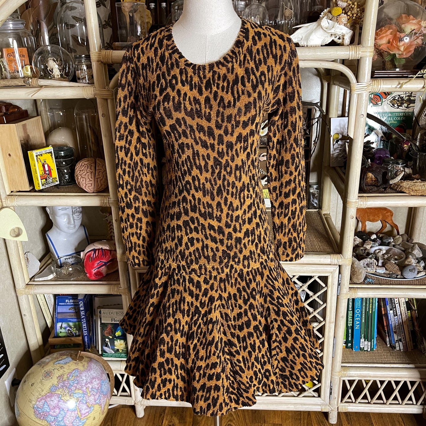 Vintage 70s Leopard Print Terry Cloth Skirt Set Long Sleeve by Mevisto Size S