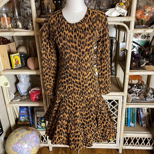 Vintage 70s Leopard Print Terry Cloth Skirt Set Long Sleeve by Mevisto Size S