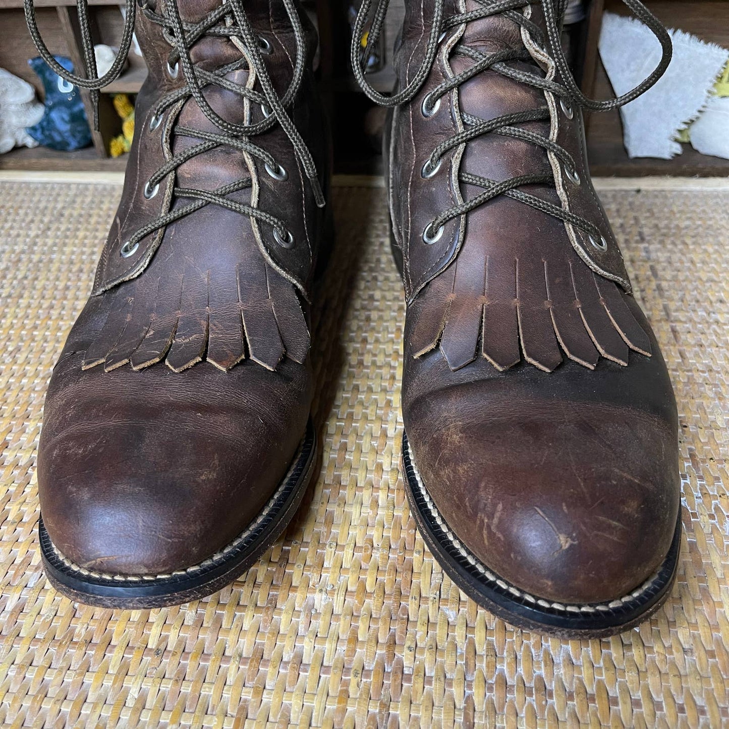Vintage 90s Brown Leather Lace up Roper Boots by Tony Lama Size 11