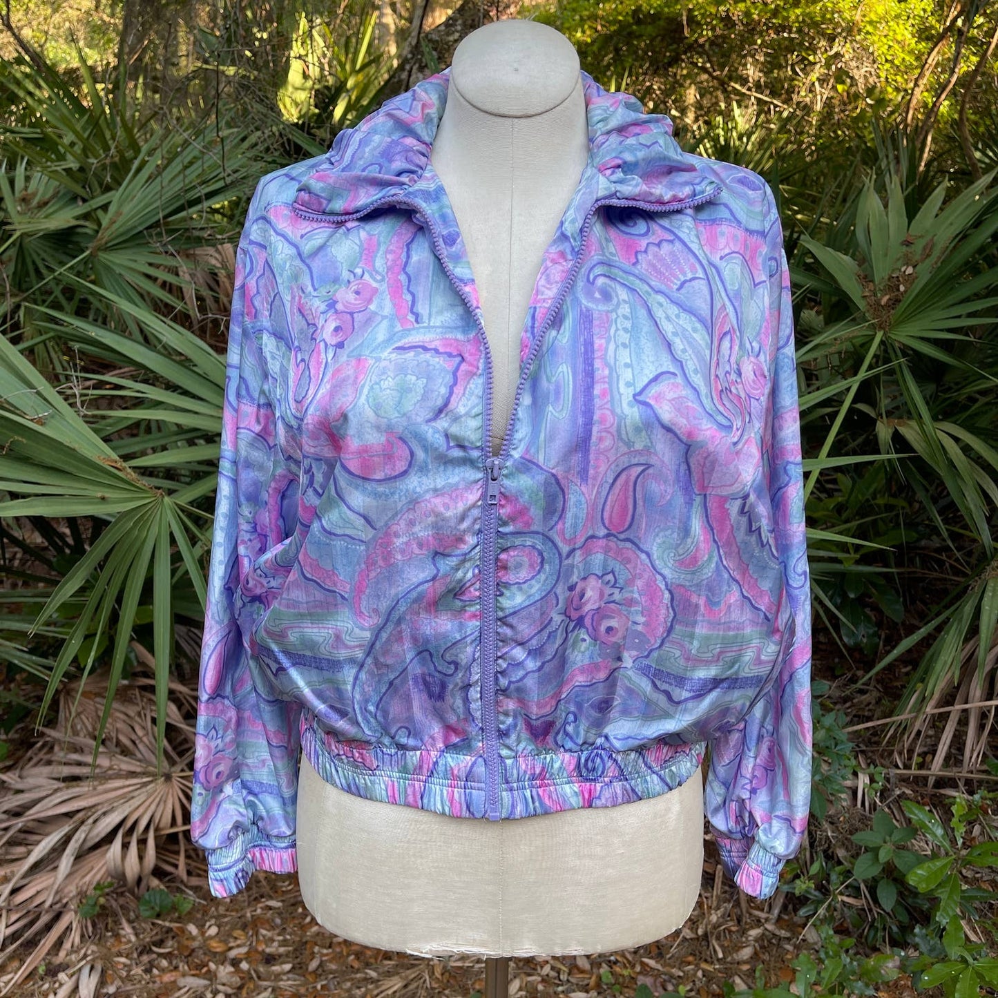 Vintage 80s Pastel Paisley Windbreaker Ruched Collar Pockets Lilys Size M