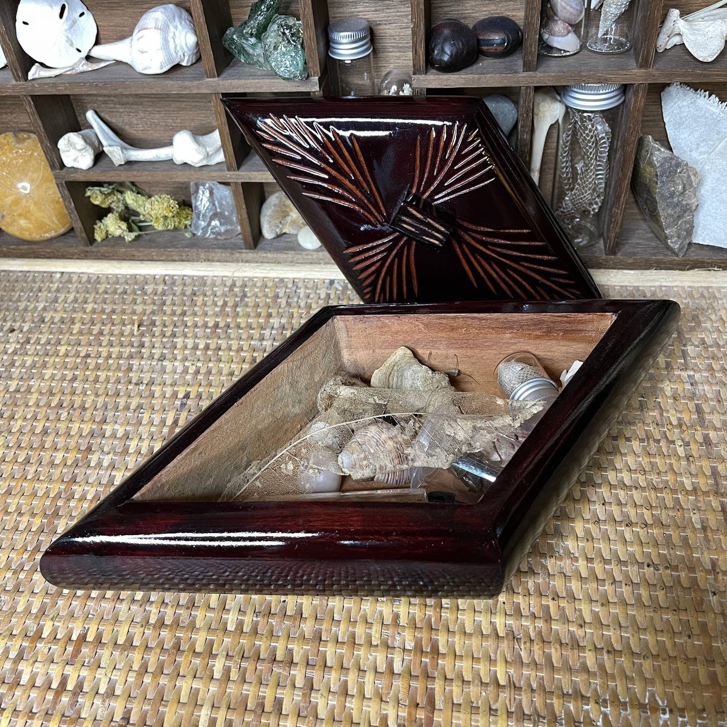 Vintage 90s Wood Diamond Shaped Box Pine Design Altar Witchy Nature Curiosities
