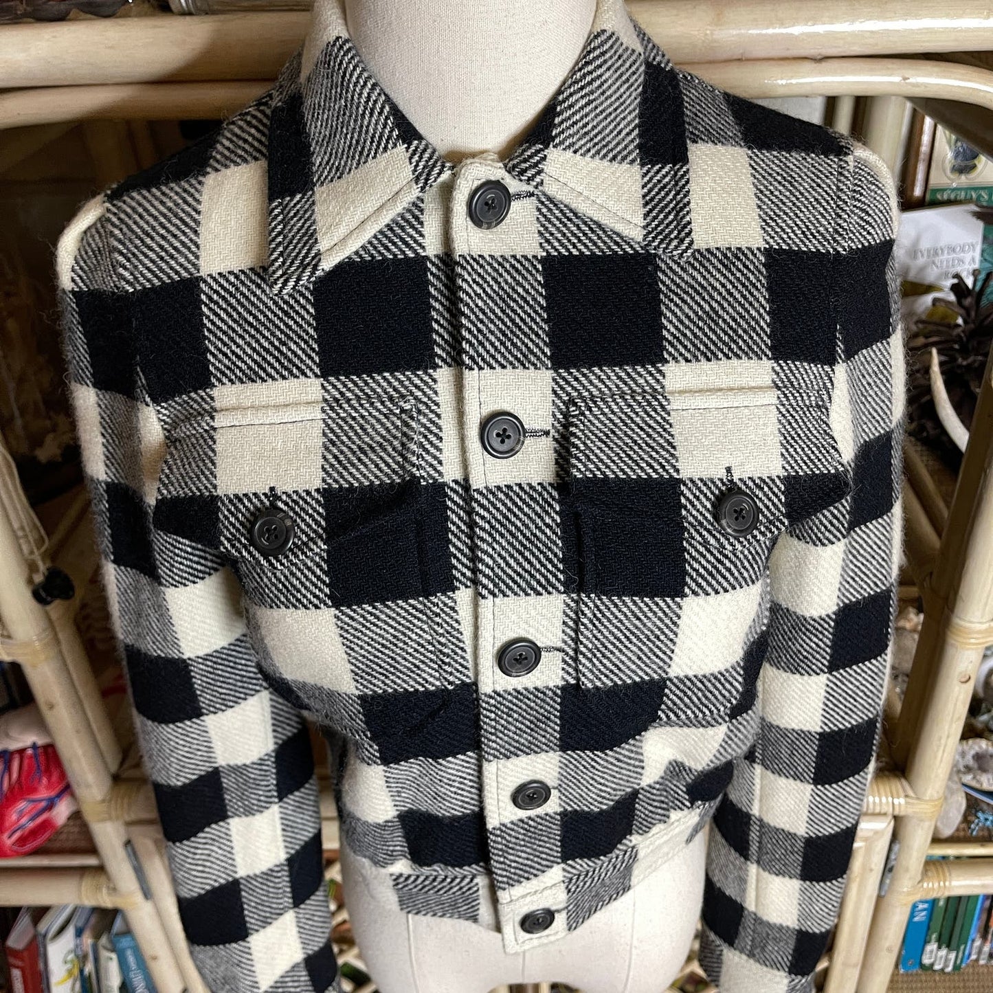 Ralph Lauren Rugby Label Black and White Buffalo Plaid Wool Crop Jacket Size 0