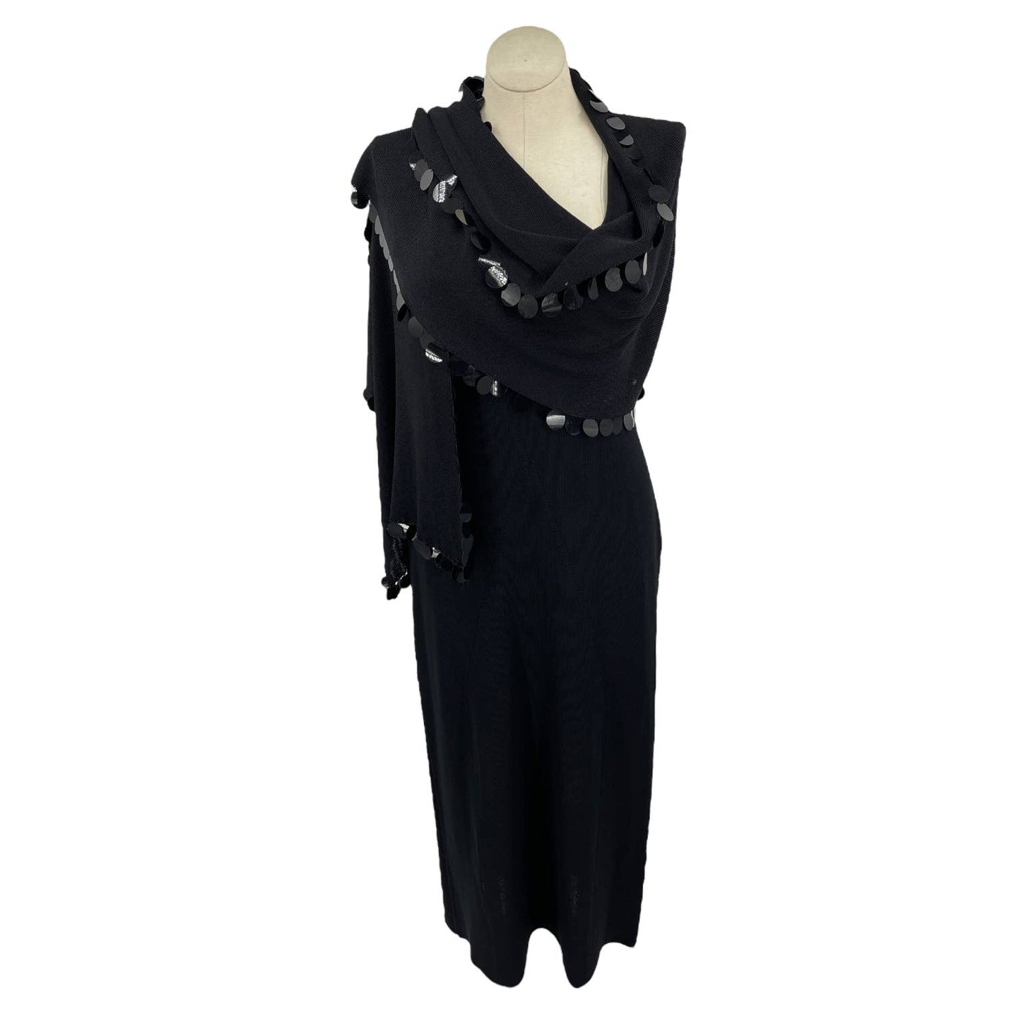 Vintage 90s Black High Class Knit Maxi Dress with Scarf Volup Willi Smith Sz 1X