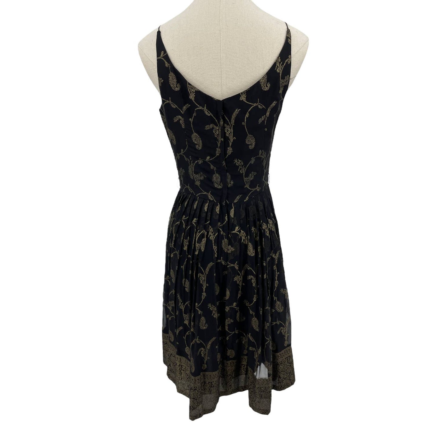 Vintage 50s Black and gold Silk Fit and Flare Sleeveless Dress Border Print Size XS