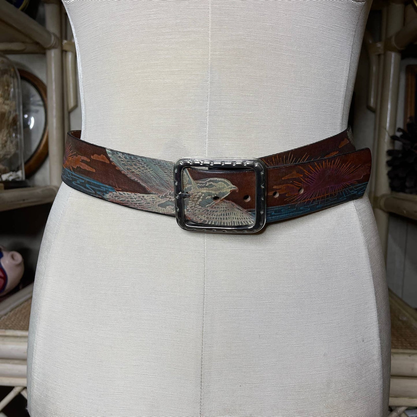 Vintage 70s Hand Painted Leather Belt Hawk or Falcon and Sunset Boho Size 32