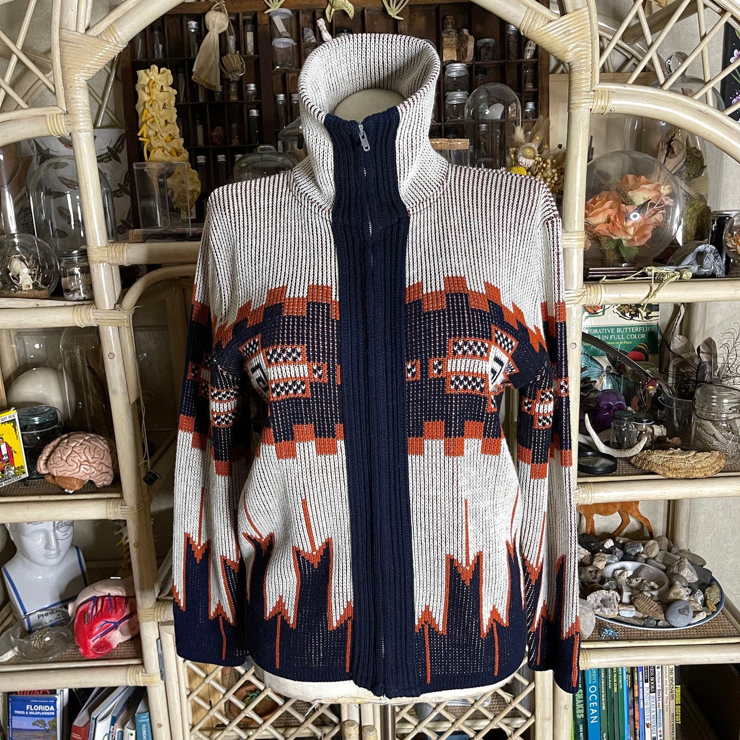 Vintage 70s Cardigan Sweater Oatmeal Blue and Orange Geometric Pattern Zip Up L