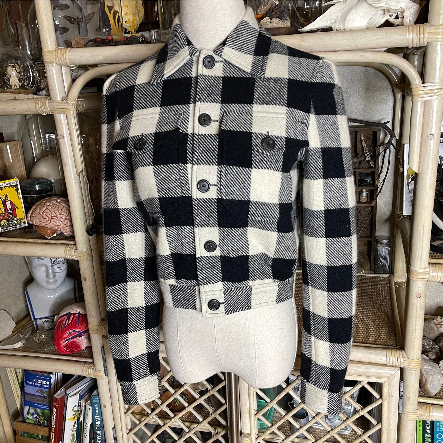 Ralph Lauren Rugby Label Black and White Buffalo Plaid Wool Crop Jacket Size 0