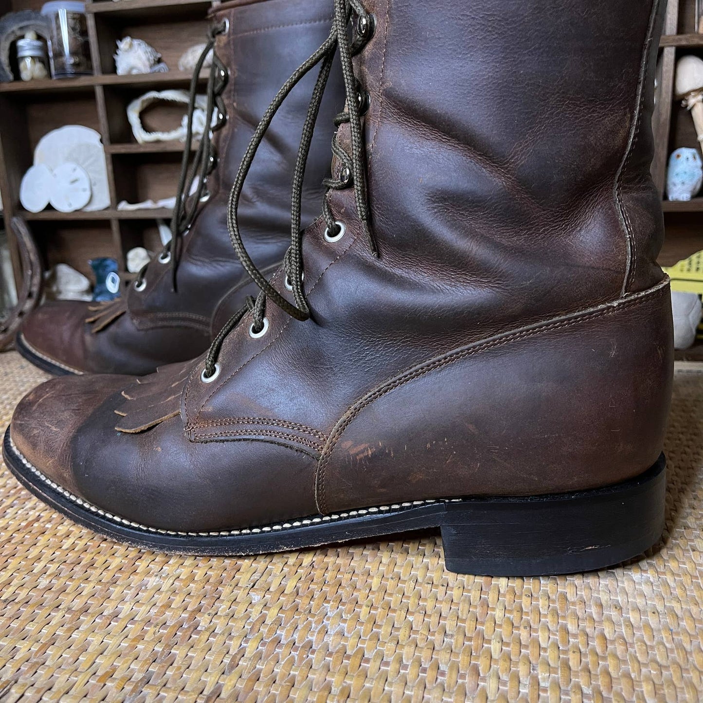 Vintage 90s Brown Leather Lace up Roper Boots by Tony Lama Size 11