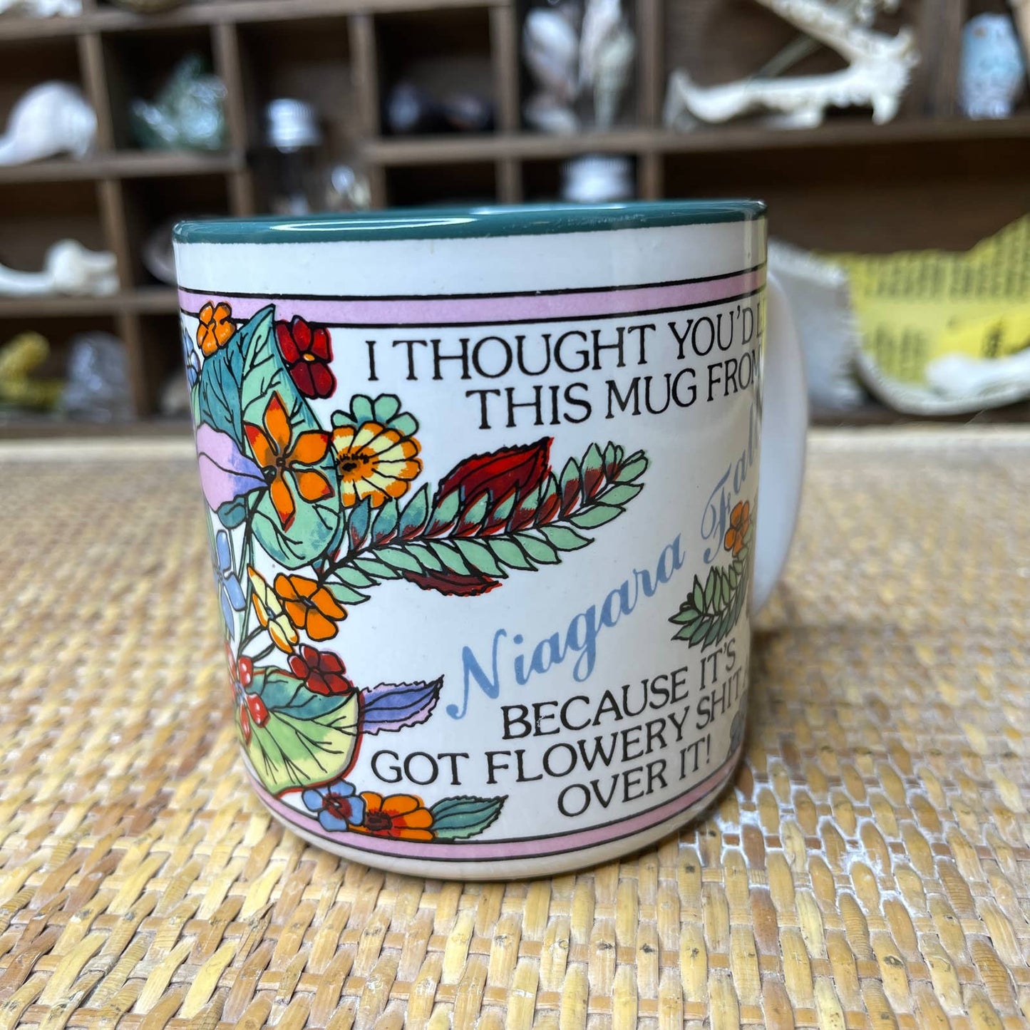 Vintage 80s Coffee Mug with Handle Flowery Shit from Niagara Falls Travel