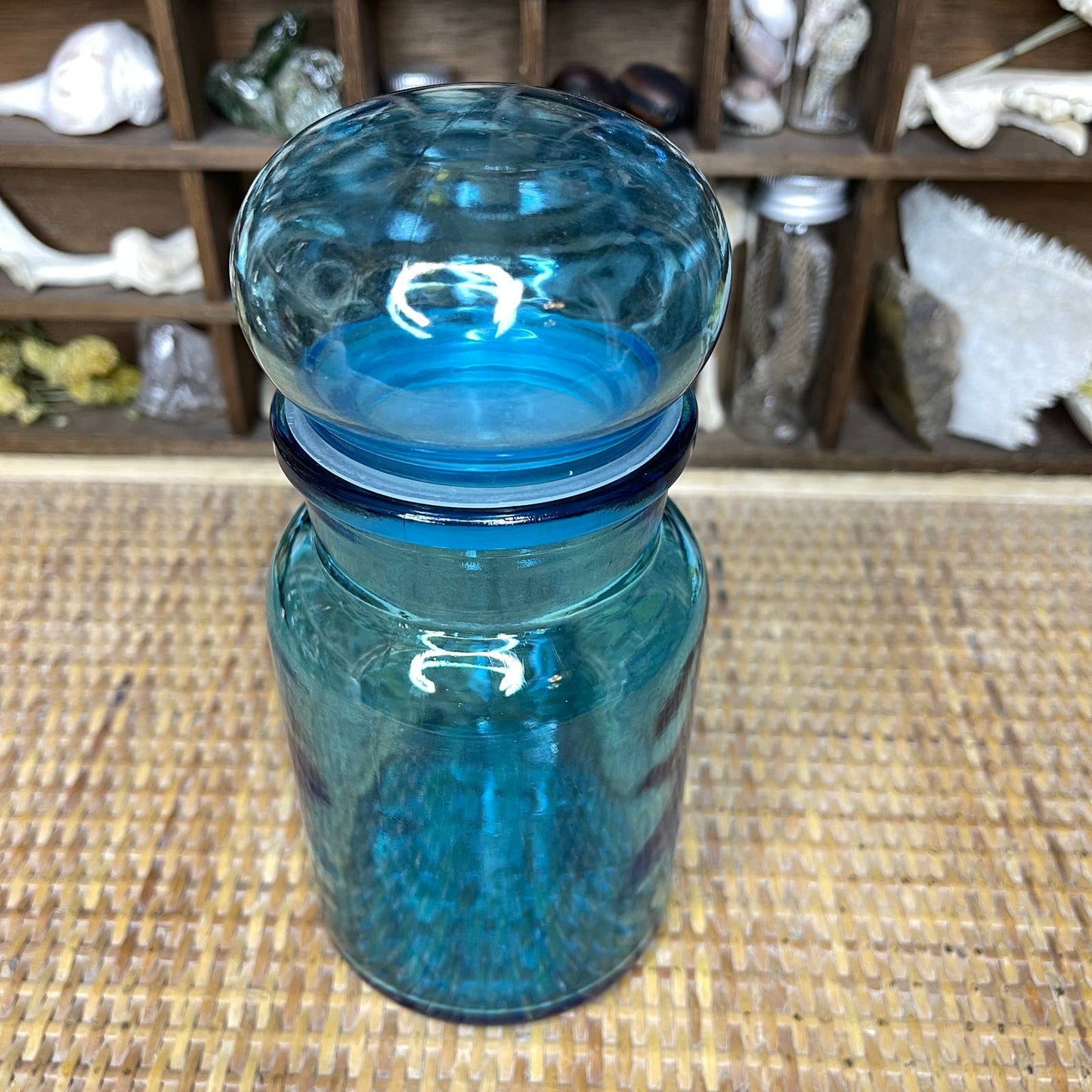 Vintage 70s Teal Blue Bubble Top Apothecary Jar Witchy Kitchen Storage Belgium