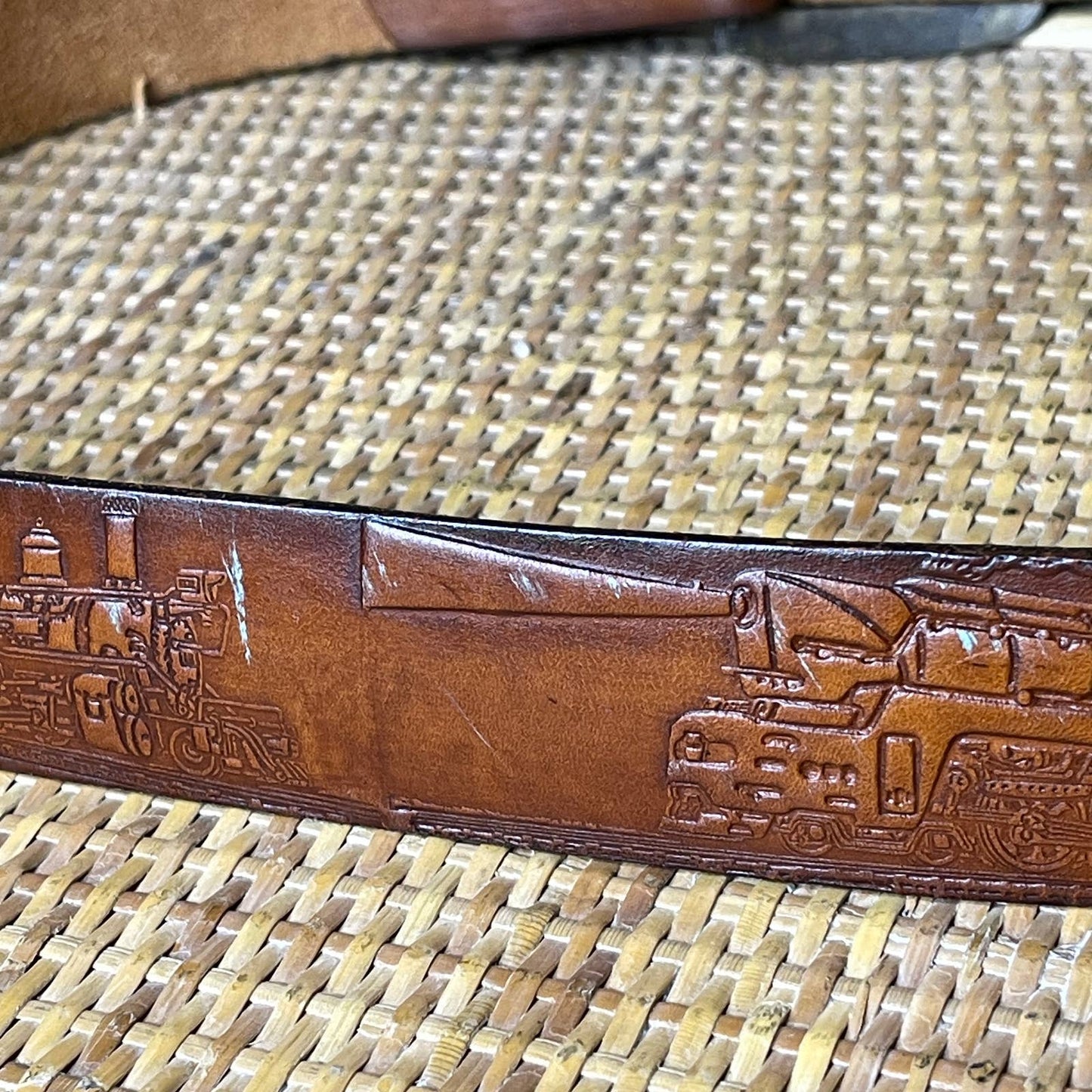 Vintage 90s Brown Leather Belt with Embossed Tooled Train Pattern Size XL