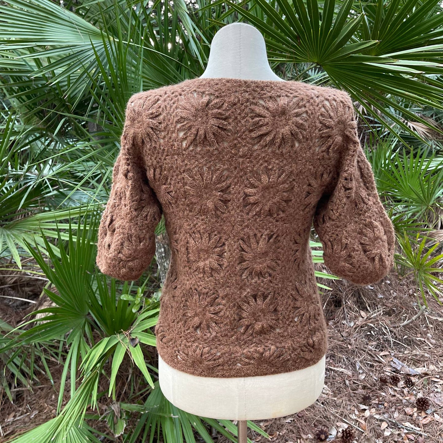 Vintage 70s Brown Crochet Sweater Soft Cotton Blend Coop St Maria Size M L XL
