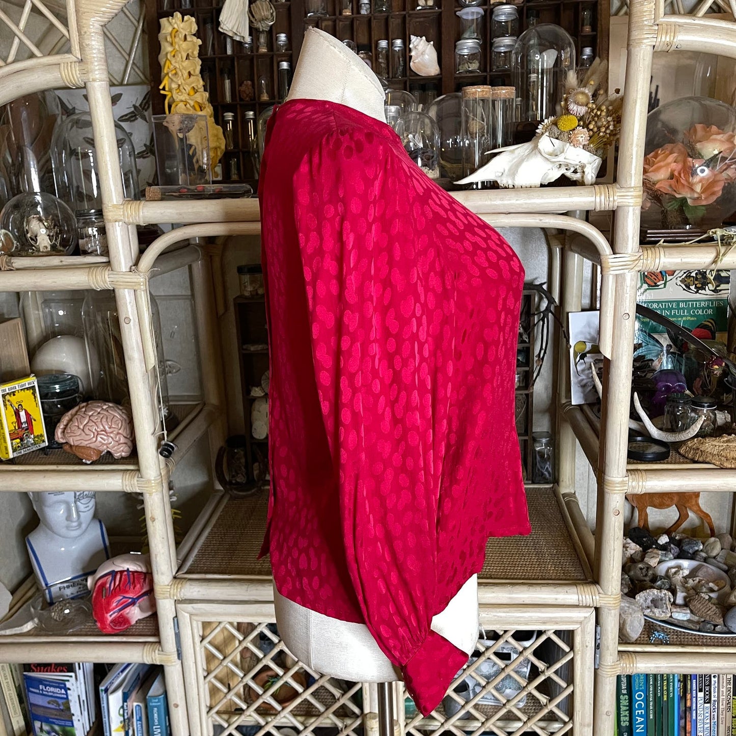 Vintage 80s Red Silk Blouse Peplum Bishop Sleeves by Francesca of Damon Size 14