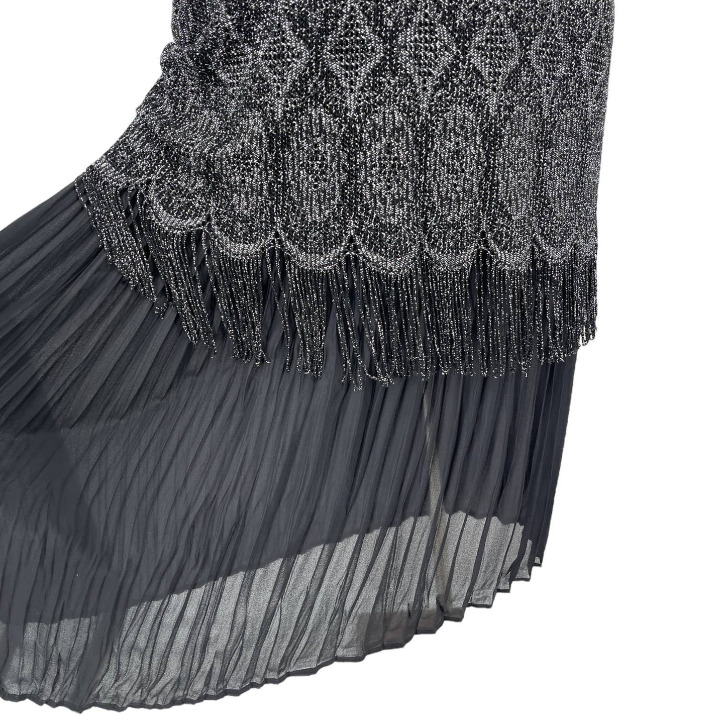 Vintage 80s Black Silver Drop Waist Maxi Dress Open Knit Shell Sharade Nites 14