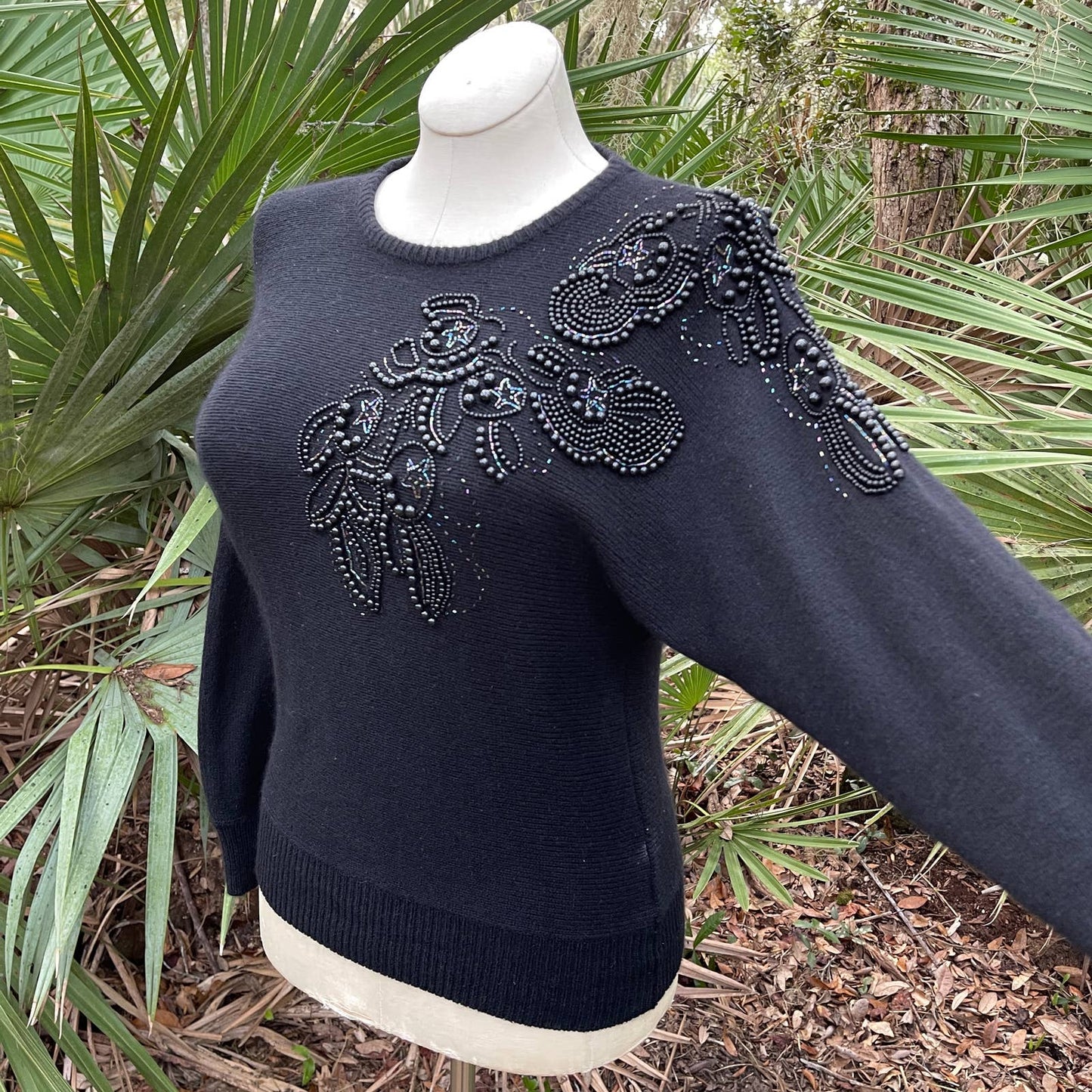Vintage 90s Black Silk Blend Sweater Beaded Stars Anytime Glitz Size S