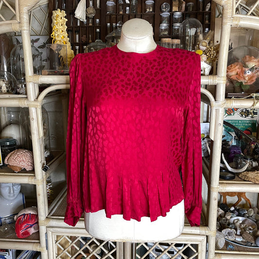 Vintage 80s Red Silk Blouse Peplum Bishop Sleeves by Francesca of Damon Size 14