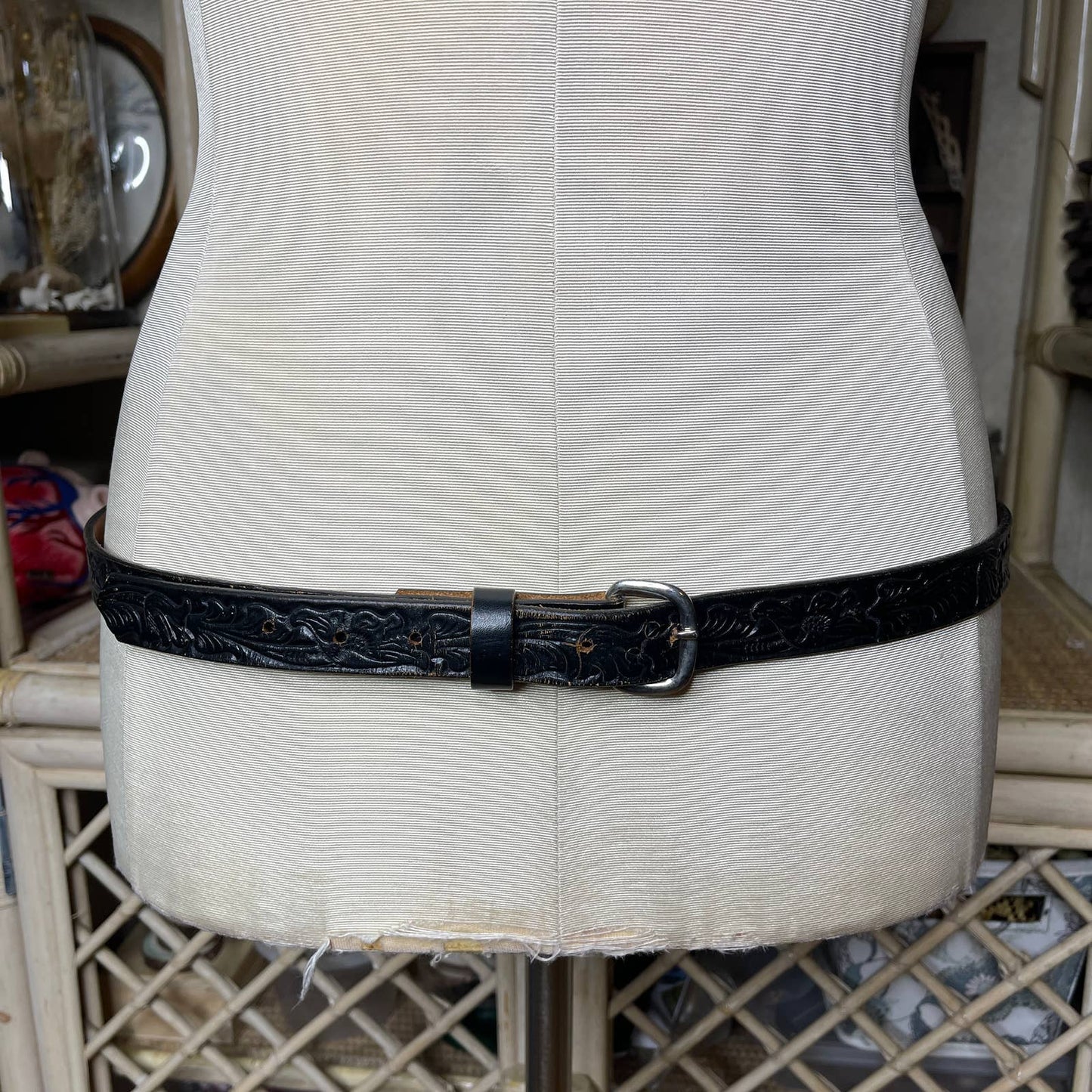 Vintage 70s Black Leather Belt Tooled Belt Floral Design Metal Buckle