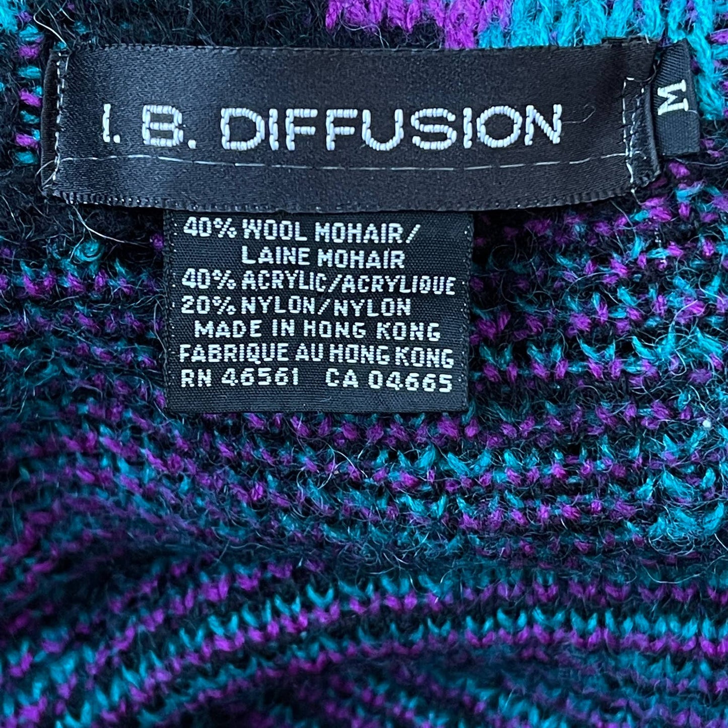 IB Diffusion Black Cardigan Sweater Coat Teal Purple Floral 80s Vtg Size M