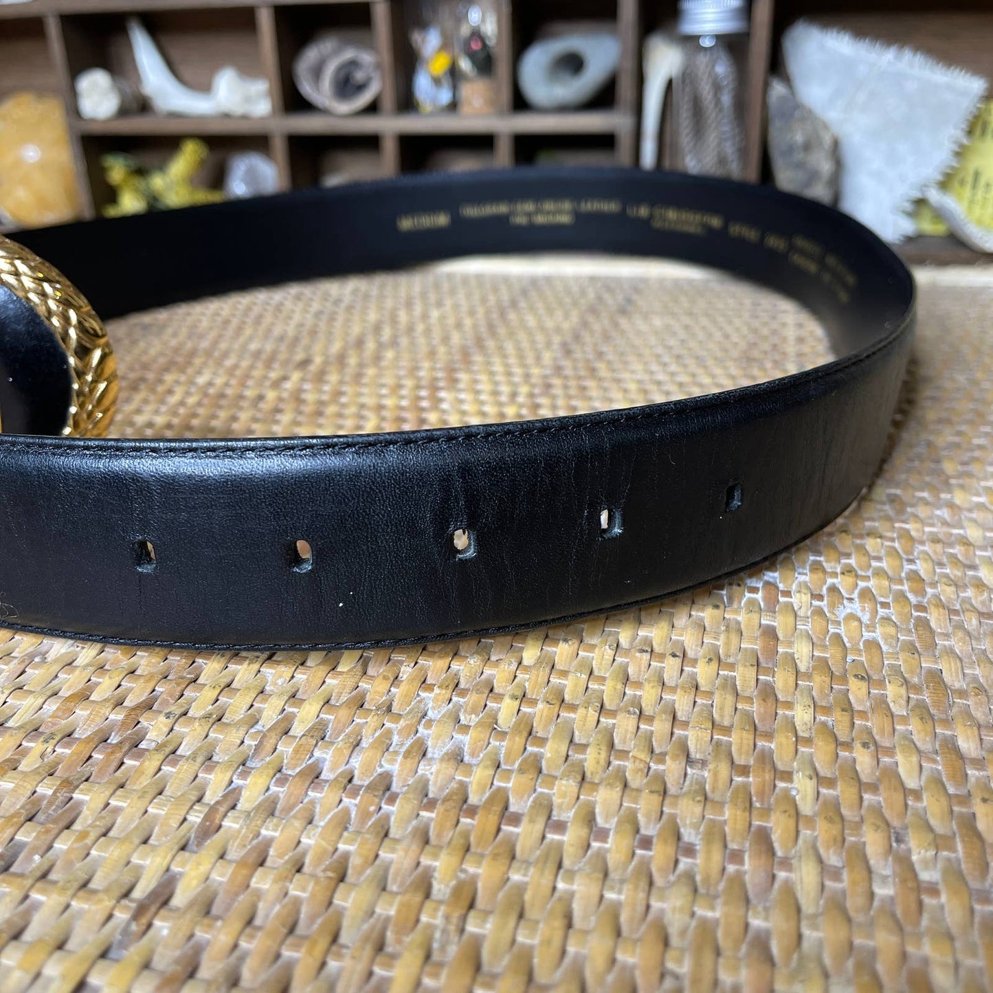 Vintage 90s Black Leather Belt with Gold Toned Crescent Moon Shaped Buckle Sz M