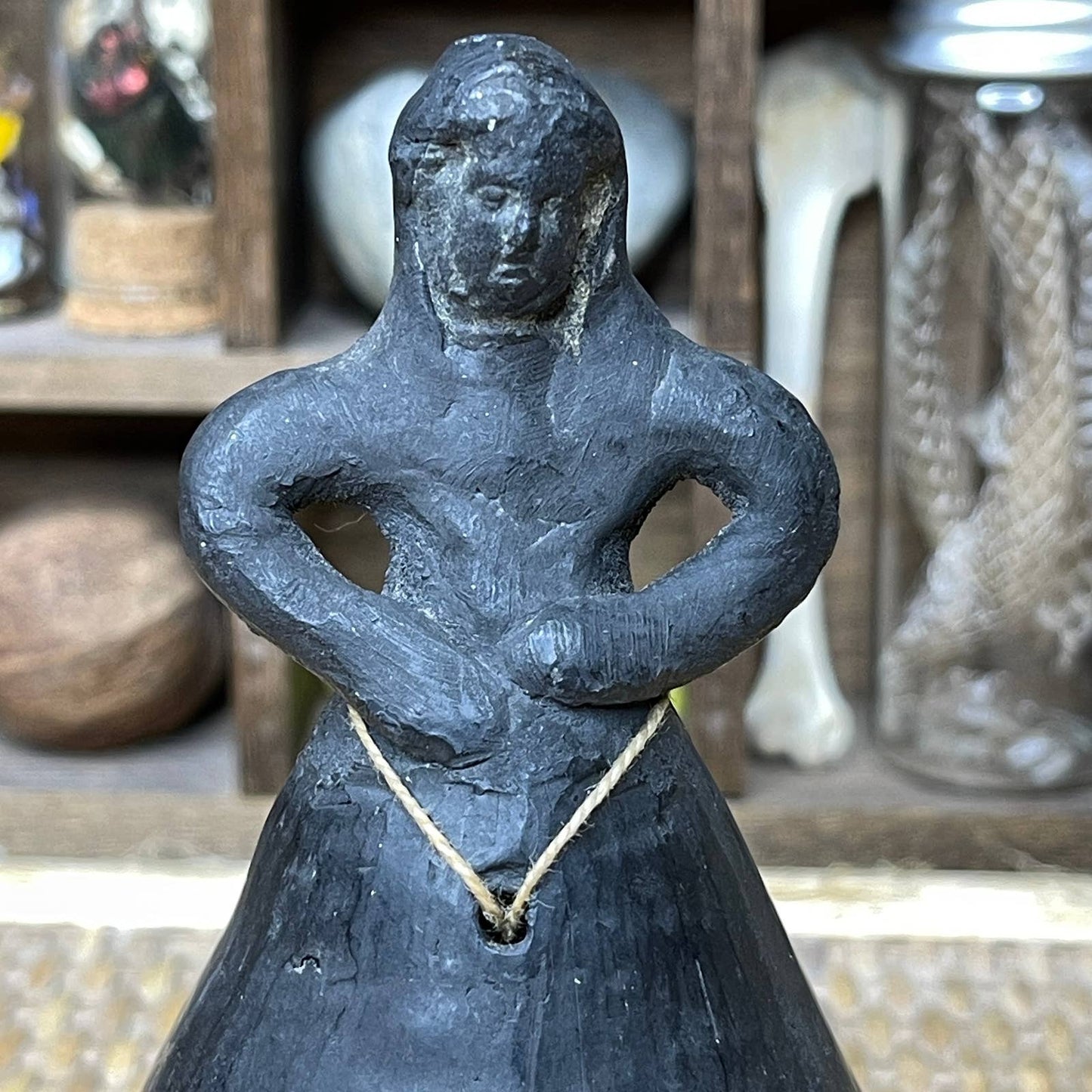 Vintage Primitive Black Clay Bell Woman Mexican Oaxaca Folk Art
