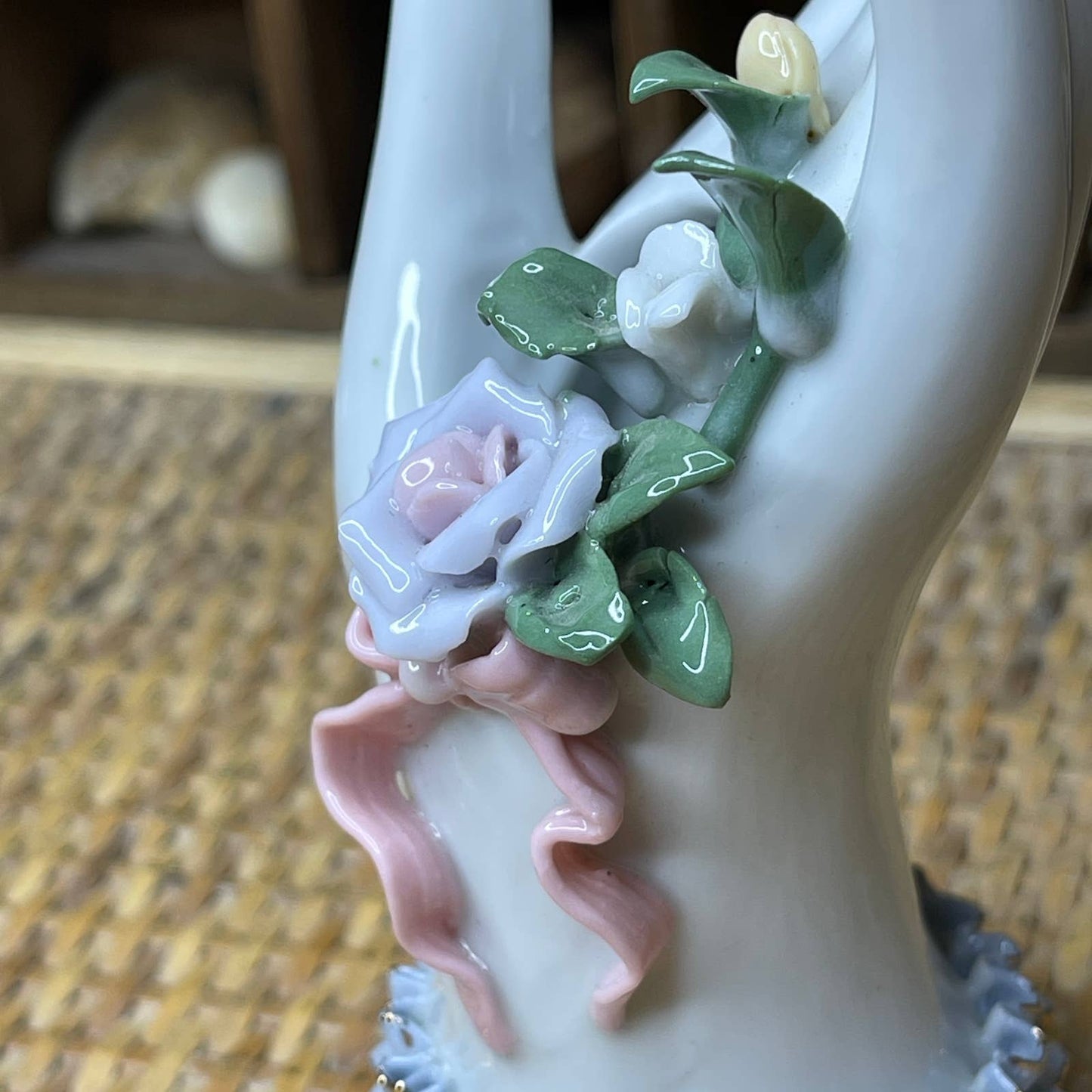 Vintage Porcelain Hand Vase Victorian Style Gold Nails Roses with Ruffle Cuff