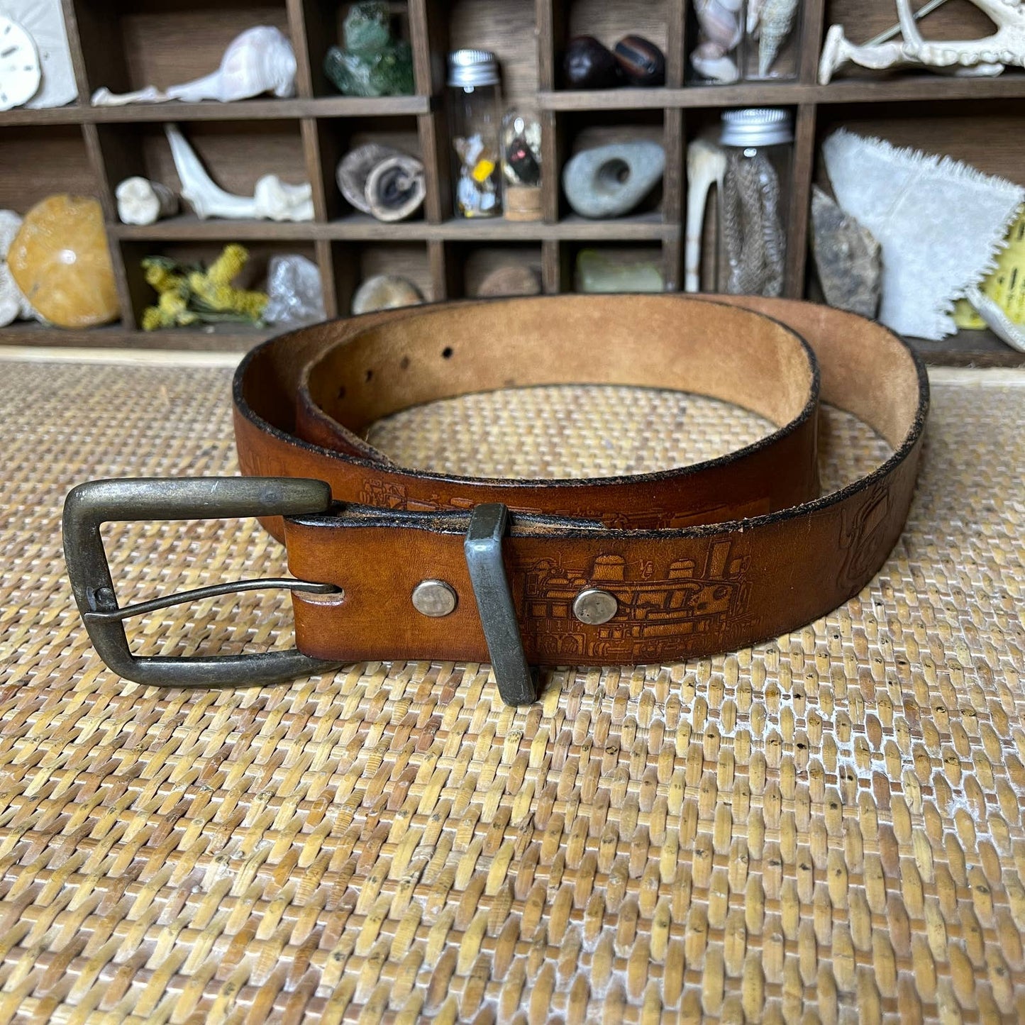 Vintage 90s Brown Leather Belt with Embossed Tooled Train Pattern Size XL