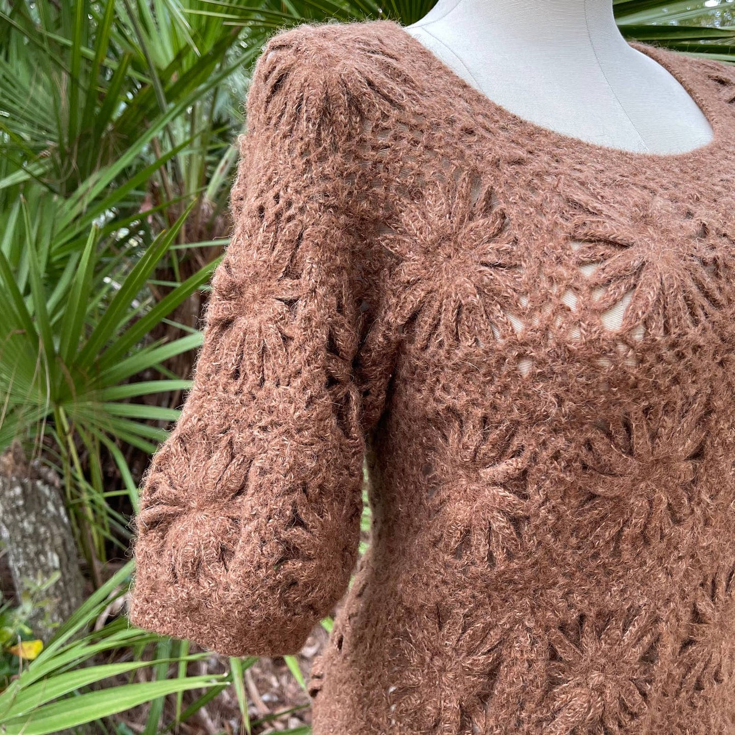 Vintage 70s Brown Crochet Sweater Soft Cotton Blend Coop St Maria Size M L XL