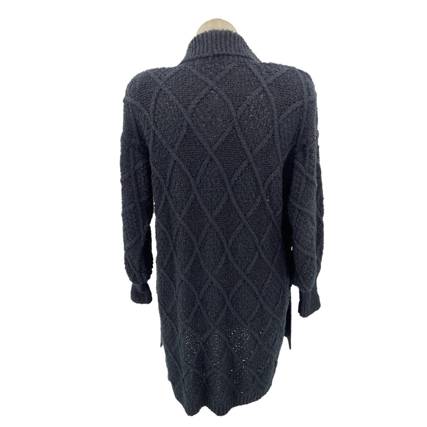 Vintage 80s Black Cardigan Sweater Textured Diamond Pattern Yarn Works Size S