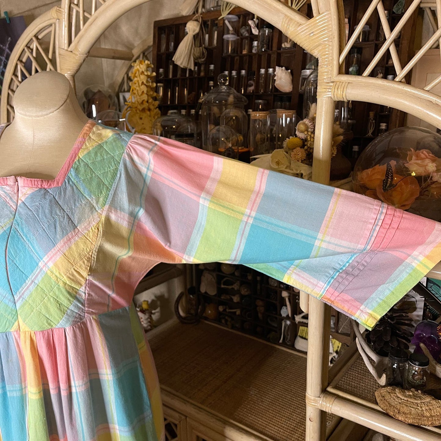 Vintage 80s Cotton Pastel Rainbow Plaid House Dress Maxi Pockets Saybury Size S