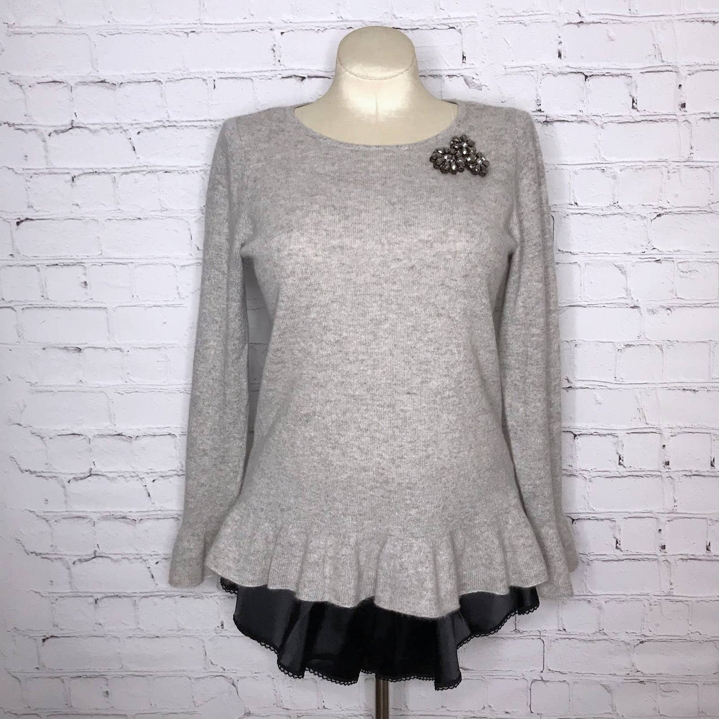 Charter Club Gray Cashmere Sweater Peplum Bell Sleeve Embellished Size M