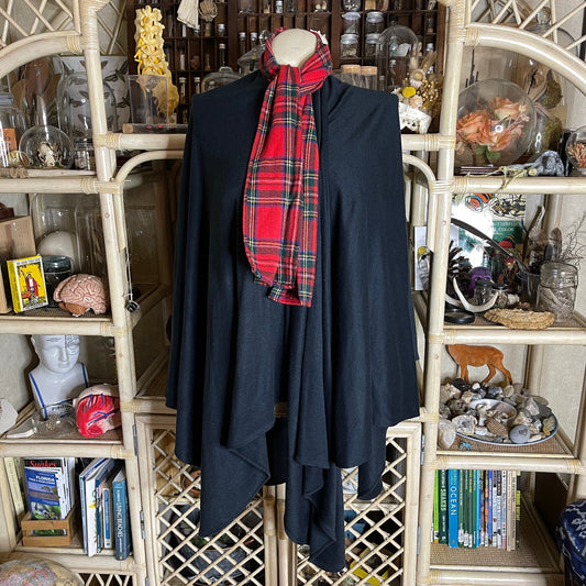 Vintage 70s Black Shawl Poncho with Red Plaid Wool Blend Neck Scarf One Size