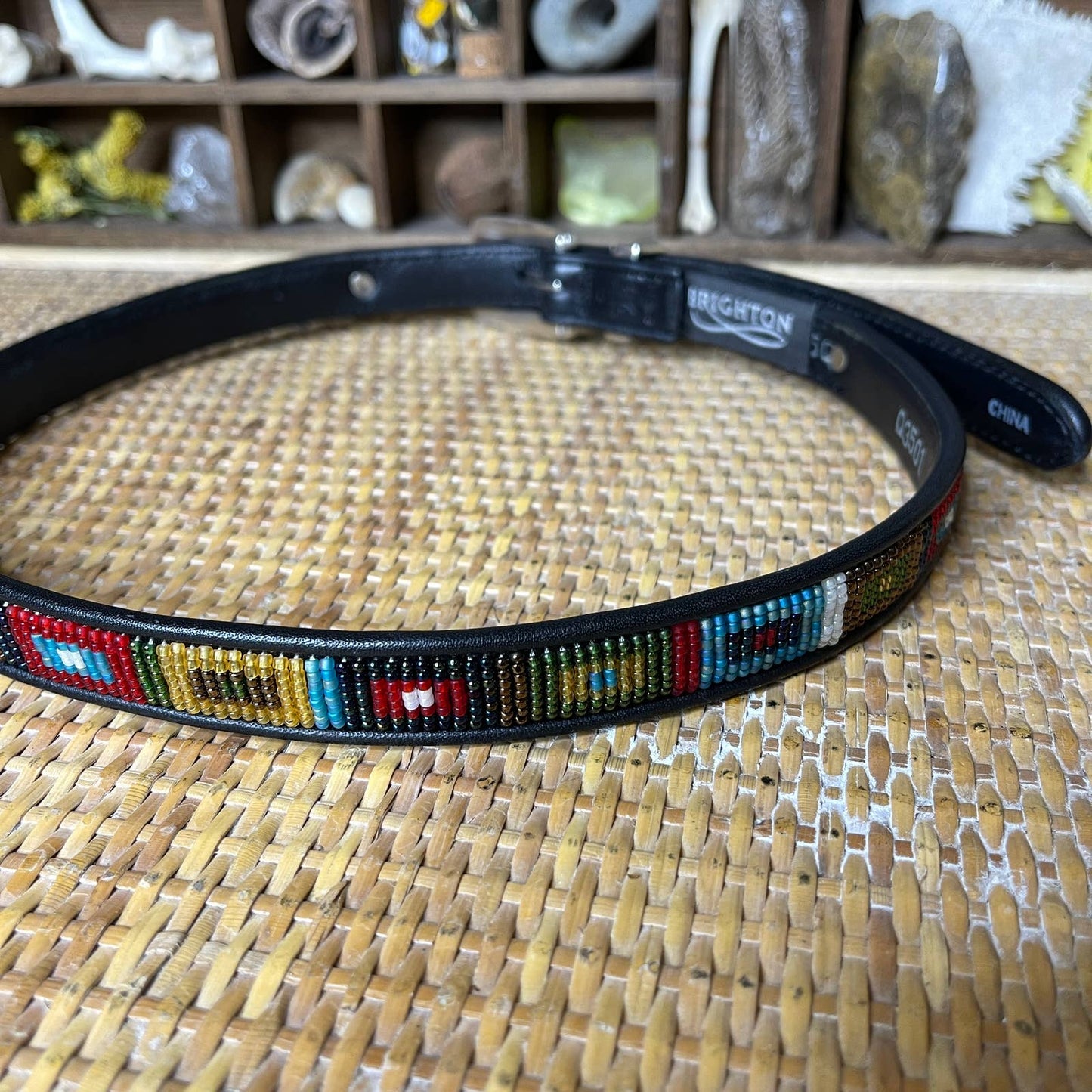 Vintage 90s Black Leather Belt with Beaded Geometric Design by Brighton Size S