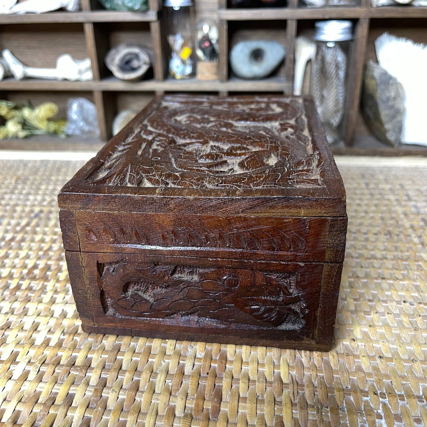 Vintage 90s Carved Wood Dragon Box Altar Kit Witchy Nature Curiosities