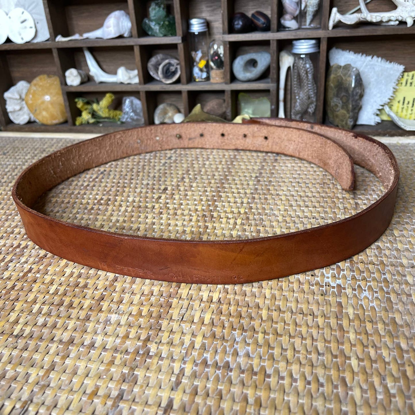 Vintage 90s Brown Leather Belt with Brass Dolphin Buckle Artisan Made