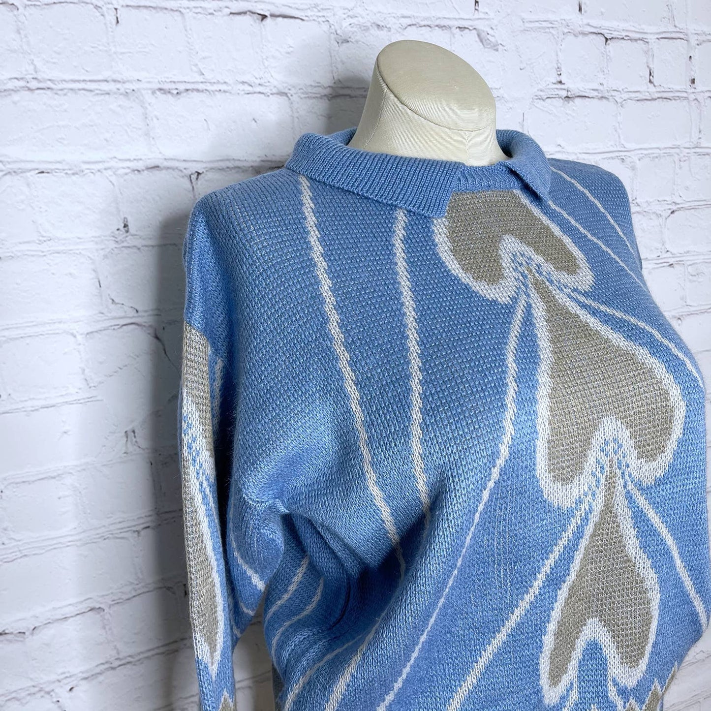 Vintage 70s Spade Sweater Blue and Taupe Collared Pullover Long Sleeves Size M
