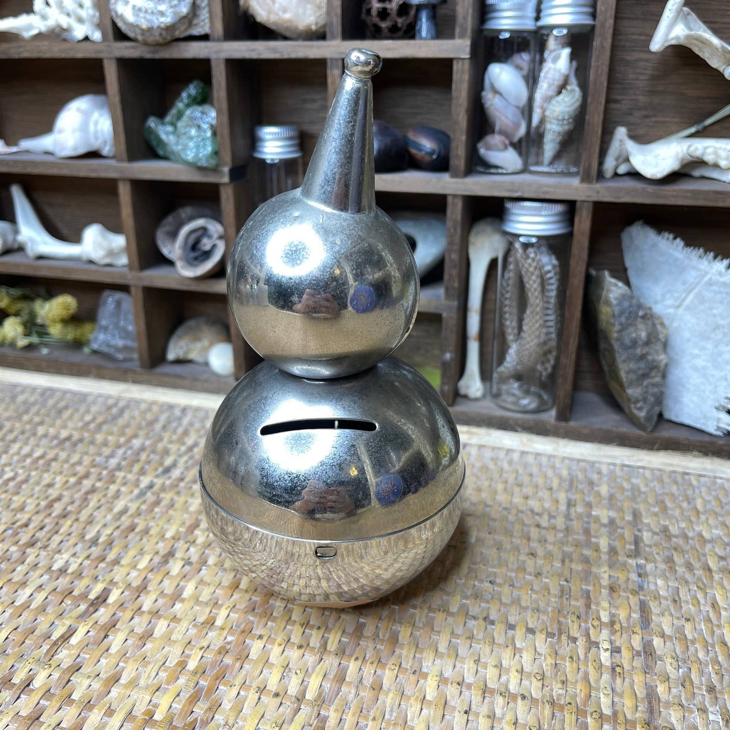 Vintage 60s Tipsy Clown Bank Silver Toned Metal with Weighted Bottom by Raimond