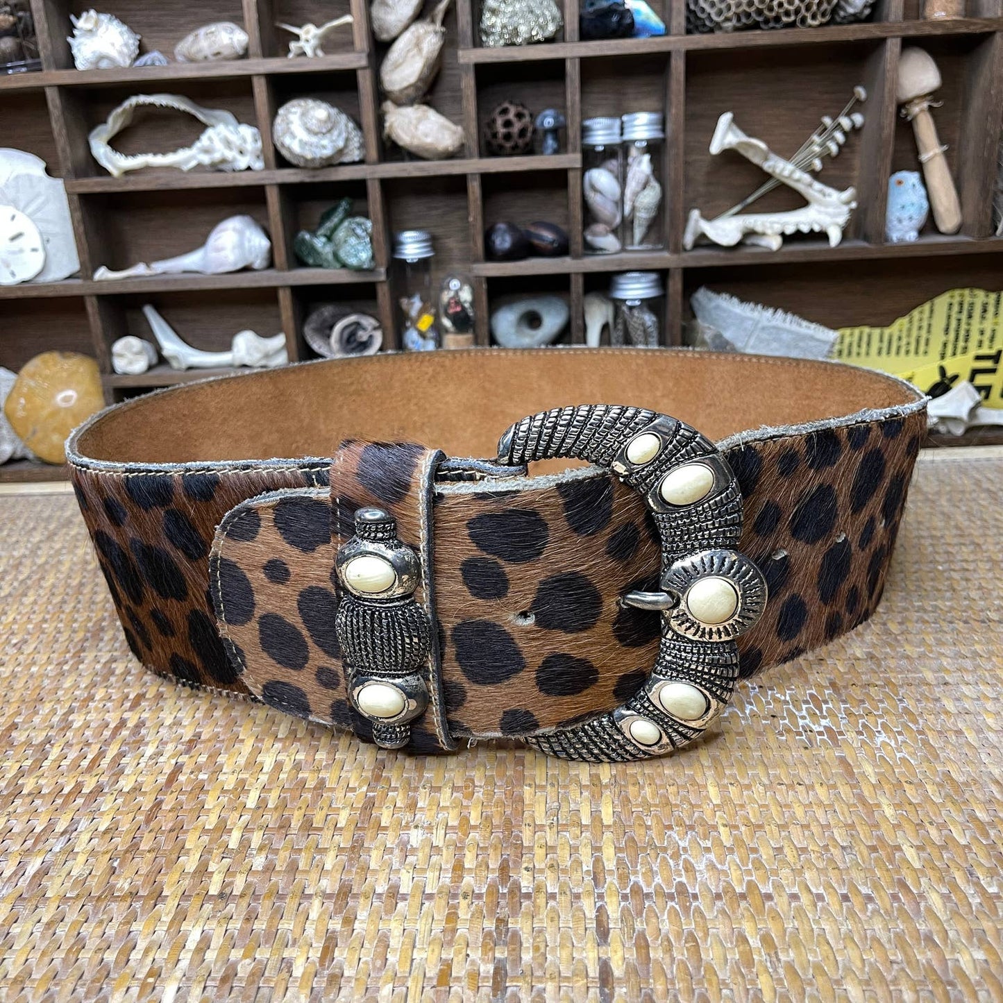Vintage 80s Calf Hair Leather Belt Cheetah Print Wide Metal Buckle Doppia Vita