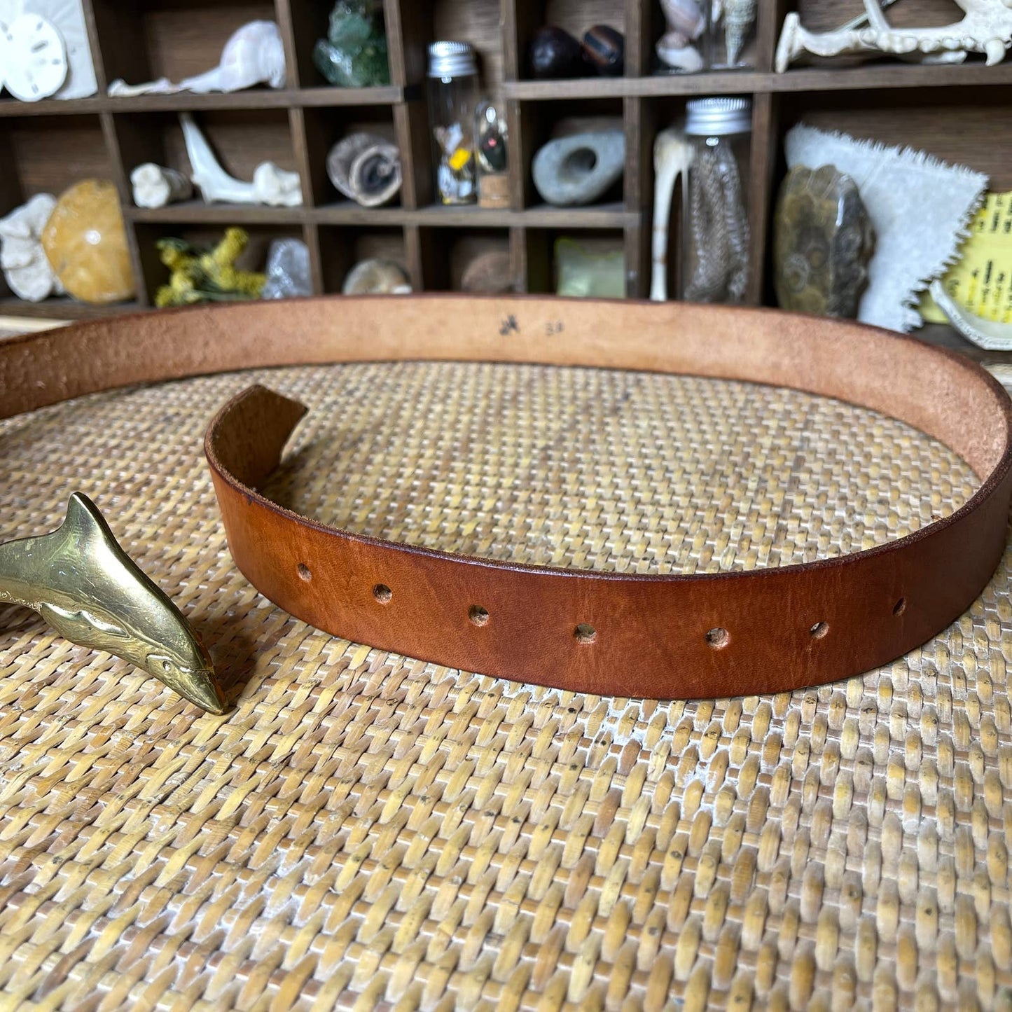 Vintage 90s Brown Leather Belt with Brass Dolphin Buckle Artisan Made