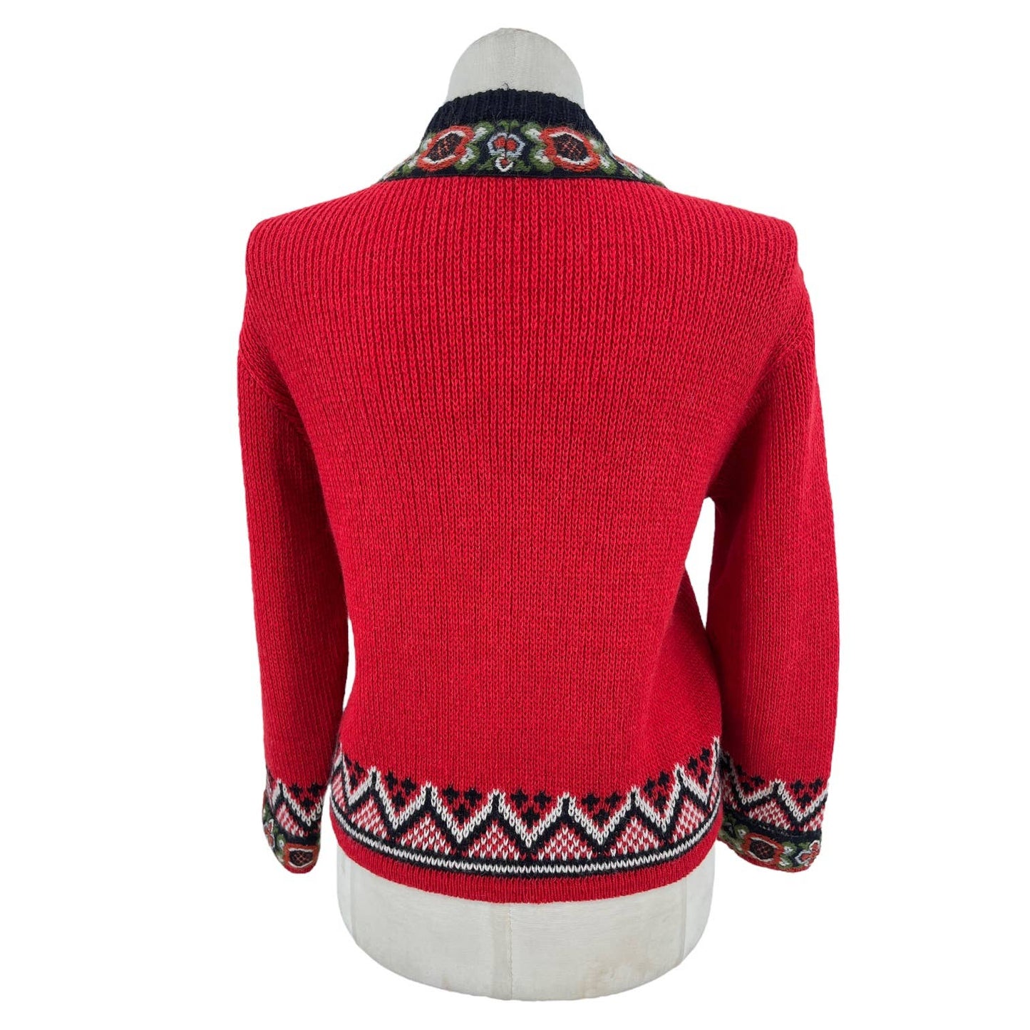 Vintage 70s Red Wool Cardigan Sweater Metal Clasps Nordic Crewel Nordstikk 40
