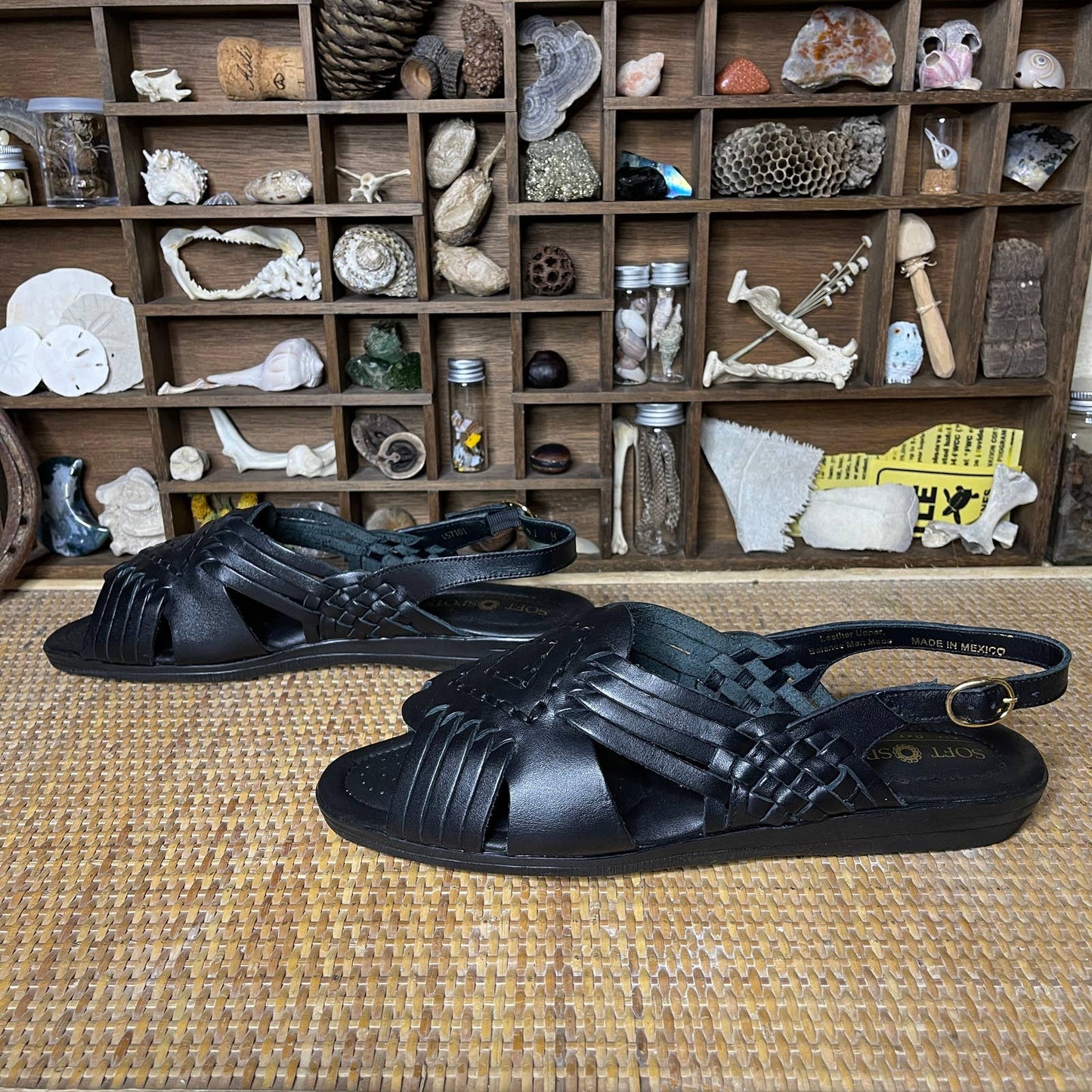 Vintage 90s Black Leather Huarache Sandals Open Toe by Soft Spots Size 11