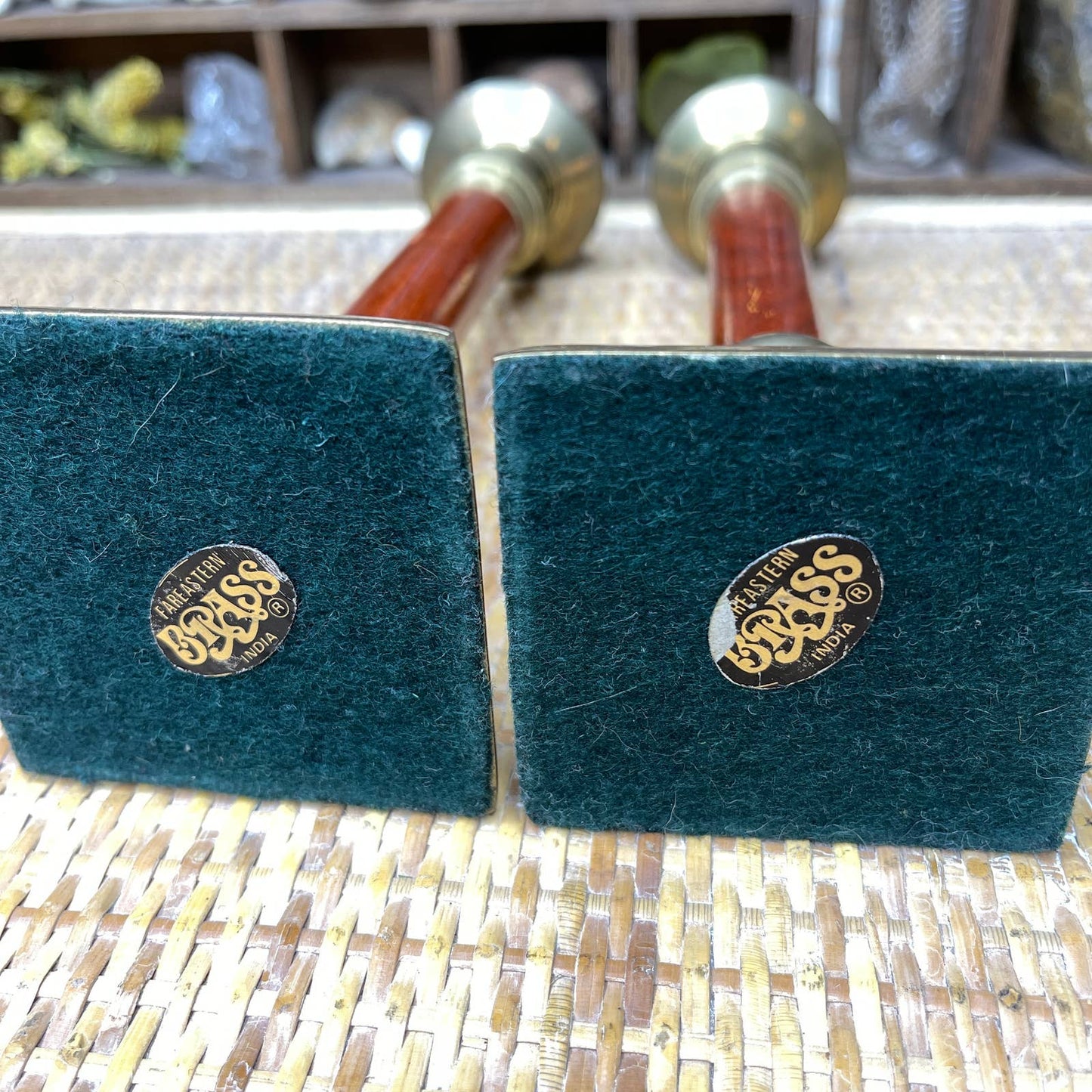 Vintage 70s Brass and Wood Candle Holder Pair India FarEastern Brass