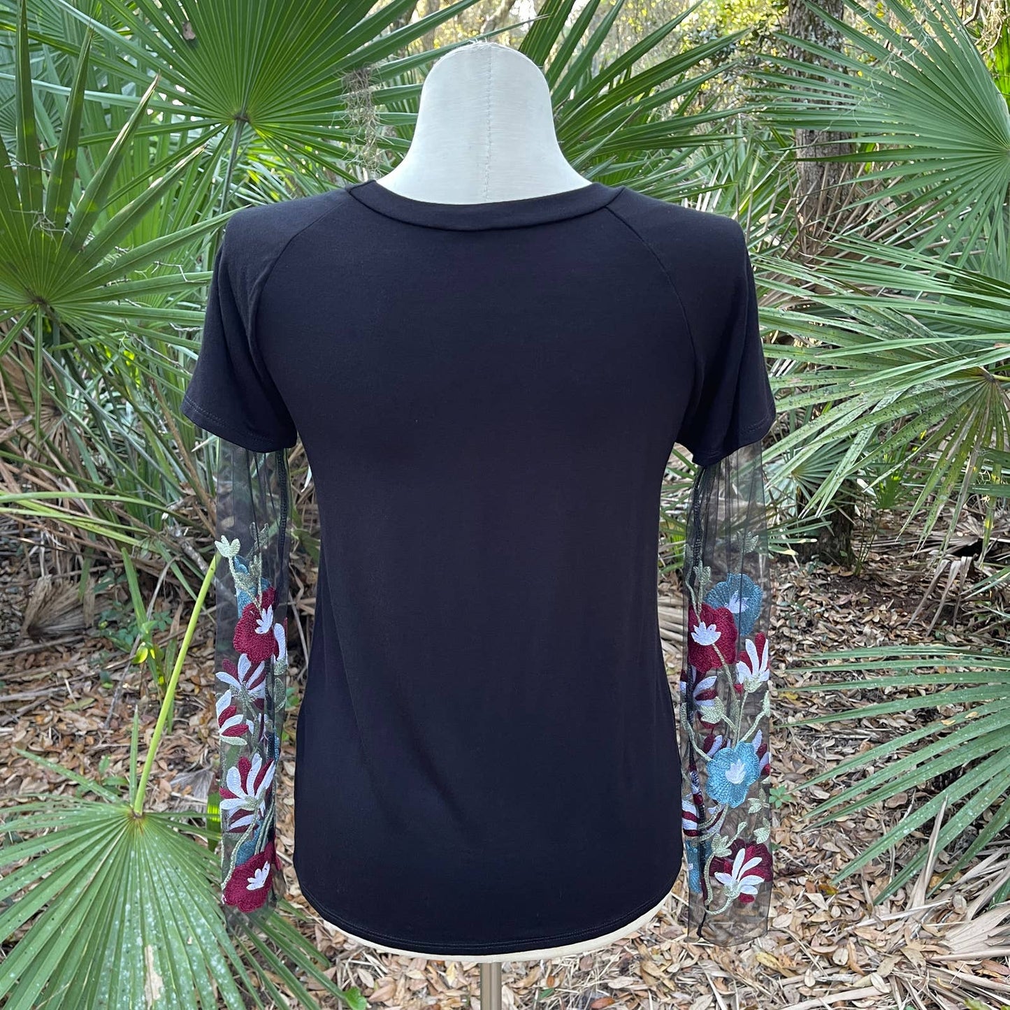 Black Tee Shirt with Mesh Sleeves Embroidered Soft Veveret Size S