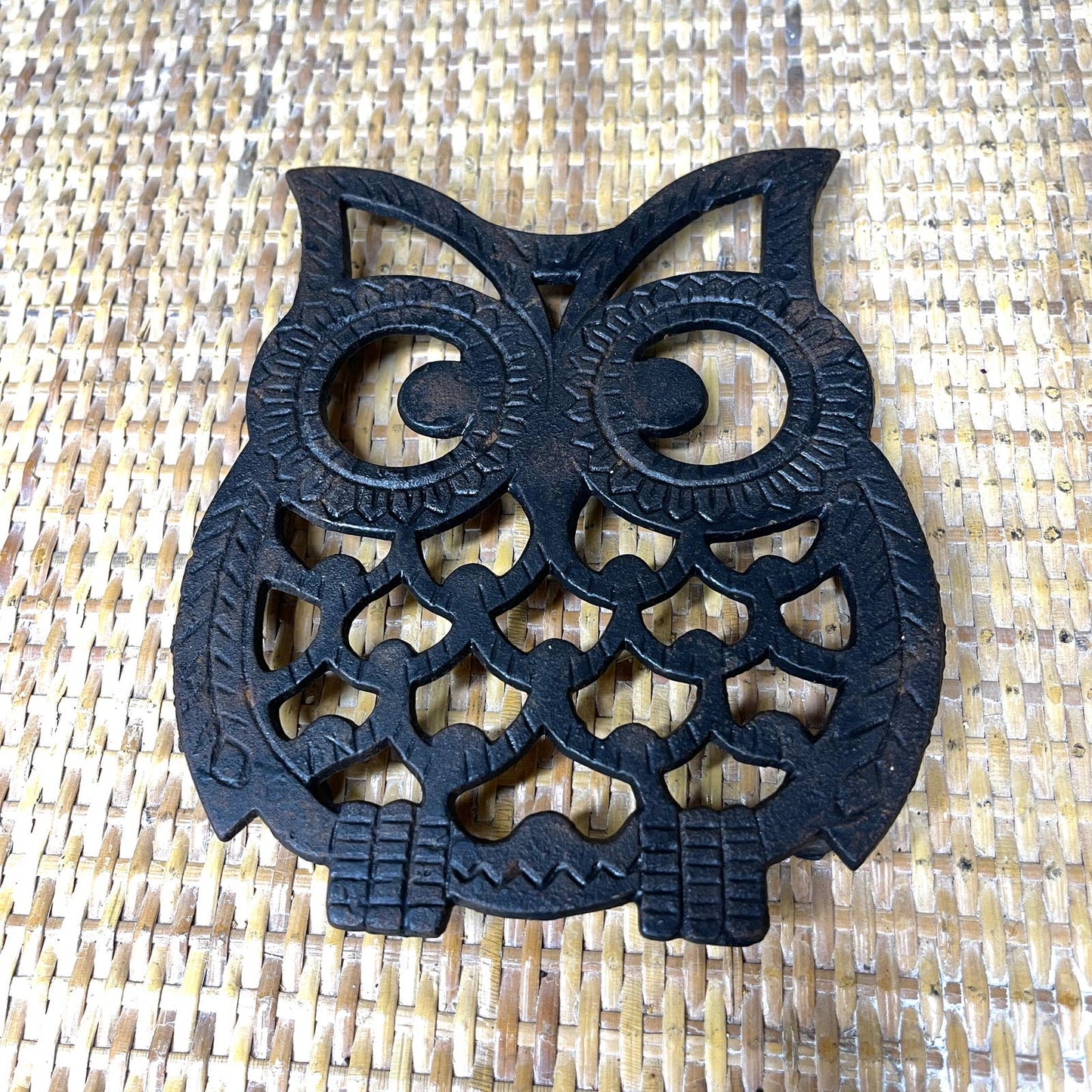 Vintage 70s Metal Owl Trivet Black Cottagecore Kitchen Accessories