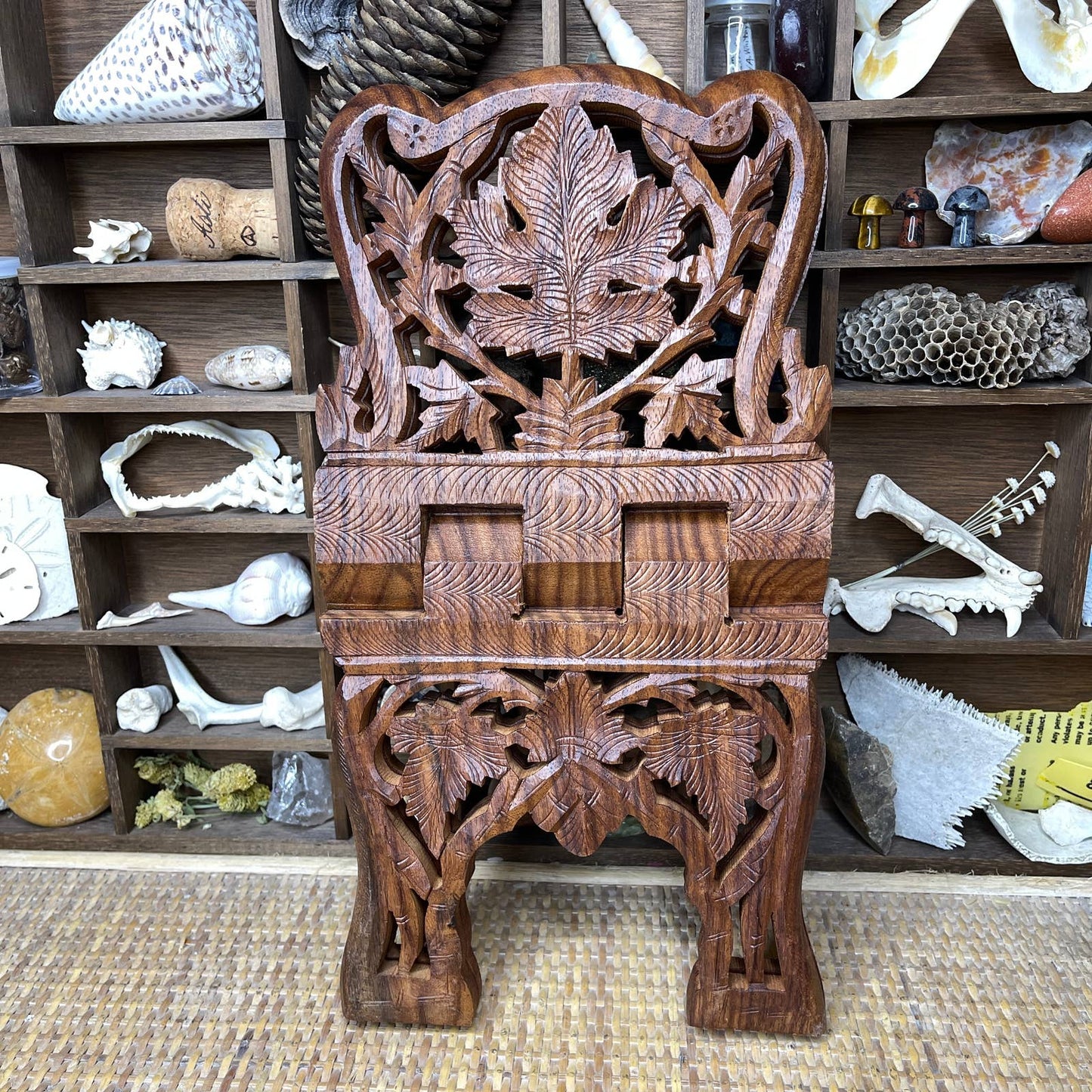 Vintage Style Carved Wood Bookstand from India Collapsible X Shape