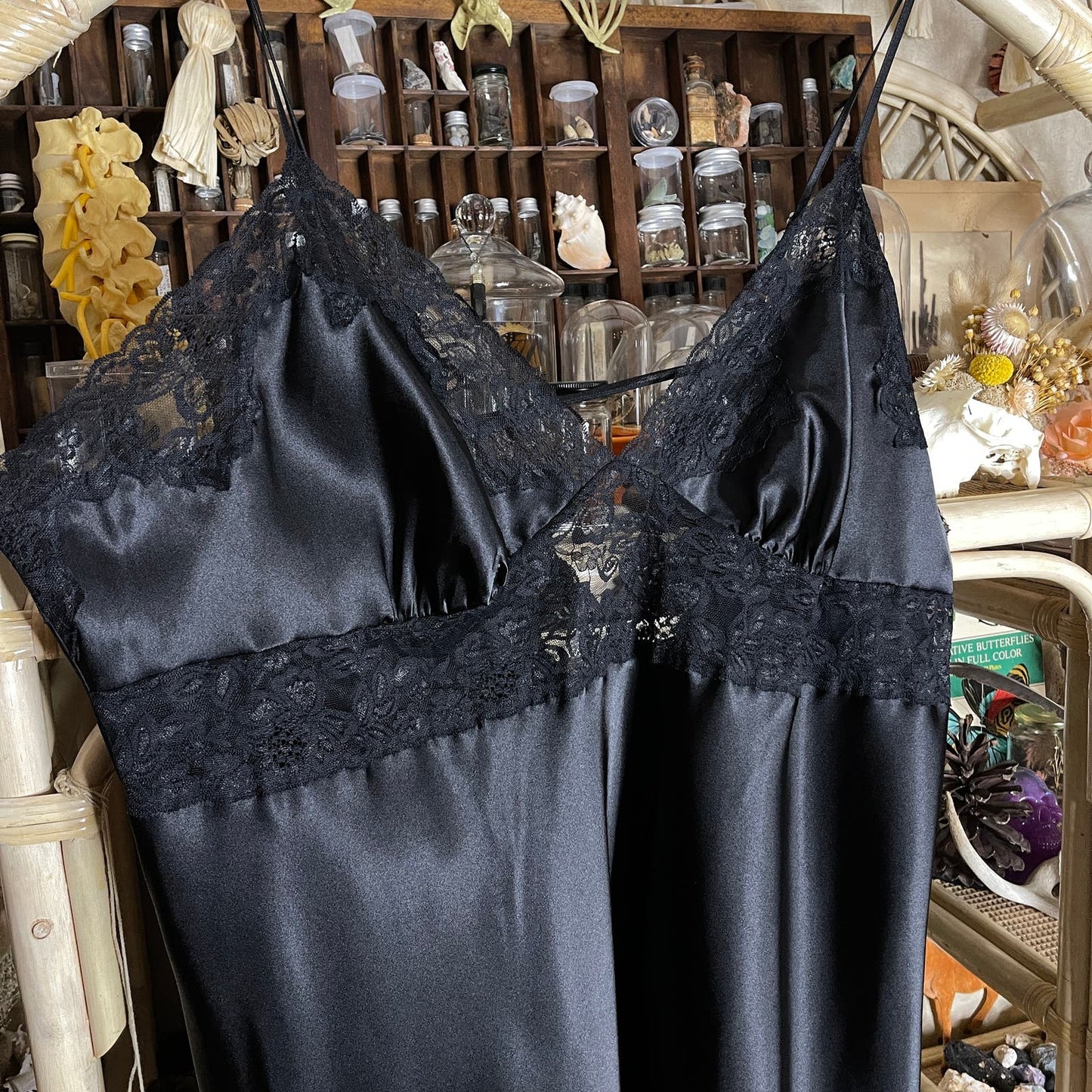 Fredericks of Hollywood Black Satin Nightie Slip Dress Lace Trim Volup Size 3X