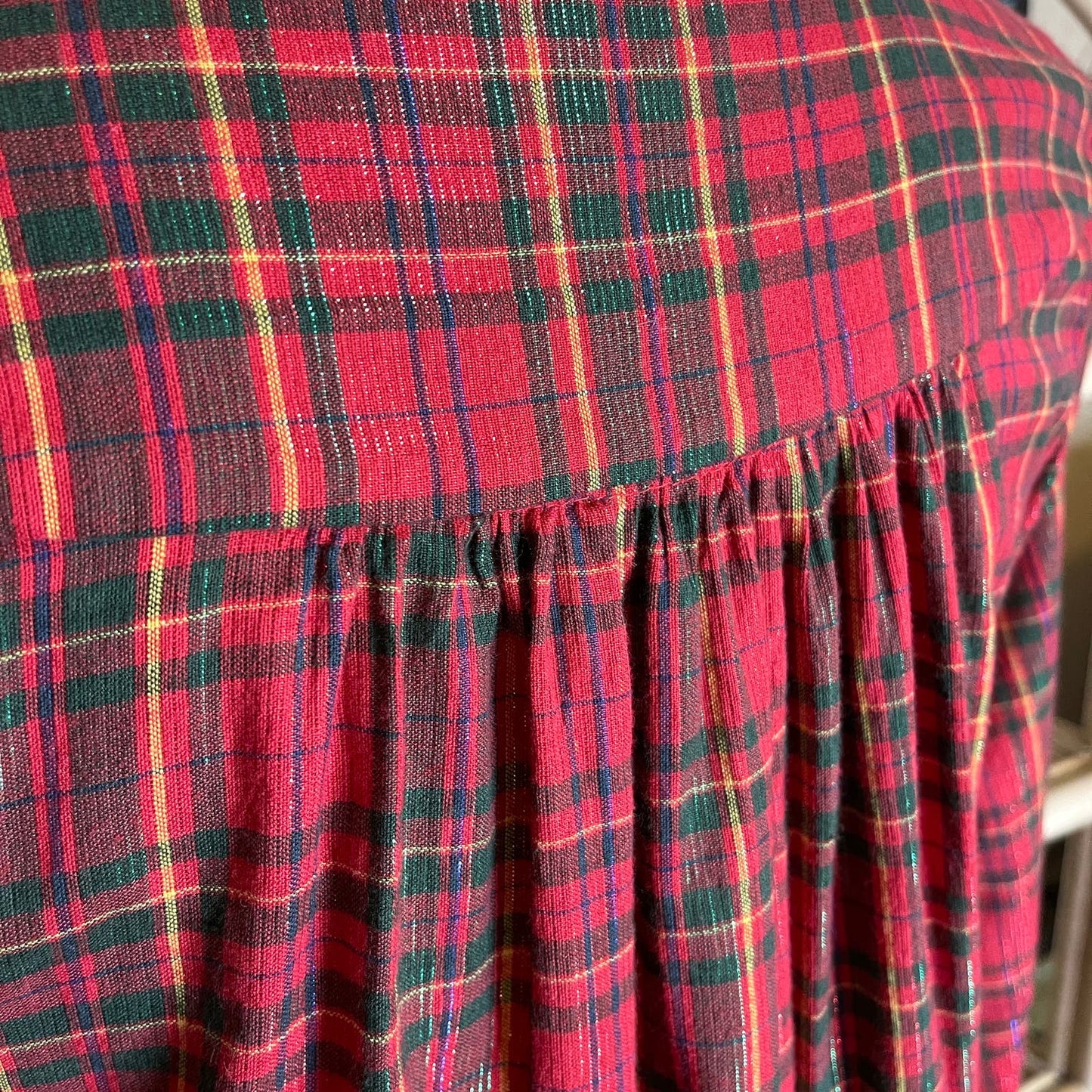 Vintage 90s Red Plaid Cotton Shirt with Lurex Stripes Peter Pan Collar Size M