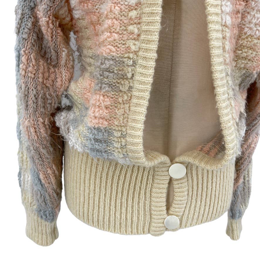 Vintage 80s Boho Beige Fuzzy Sweater Oversized Cozy Cardigan Lindsay Scott M